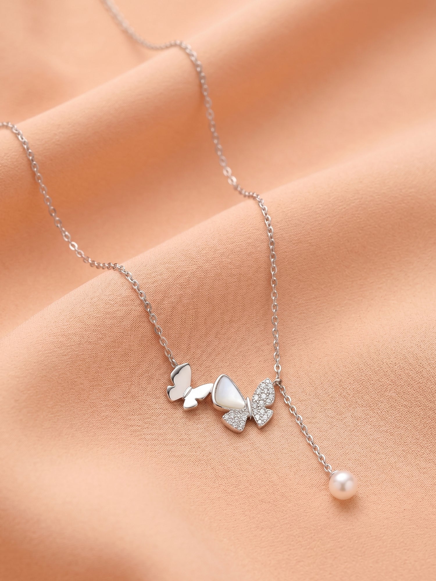 Silver Shimmering Butterfly & Pearl Lariat Necklace