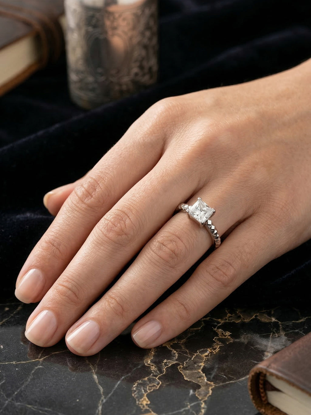 Textured Princess Solitaire Ring