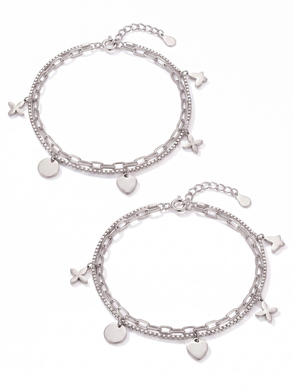 Dual-Layered Charm Anklet Set with Heart, Disc & Floral Motifs