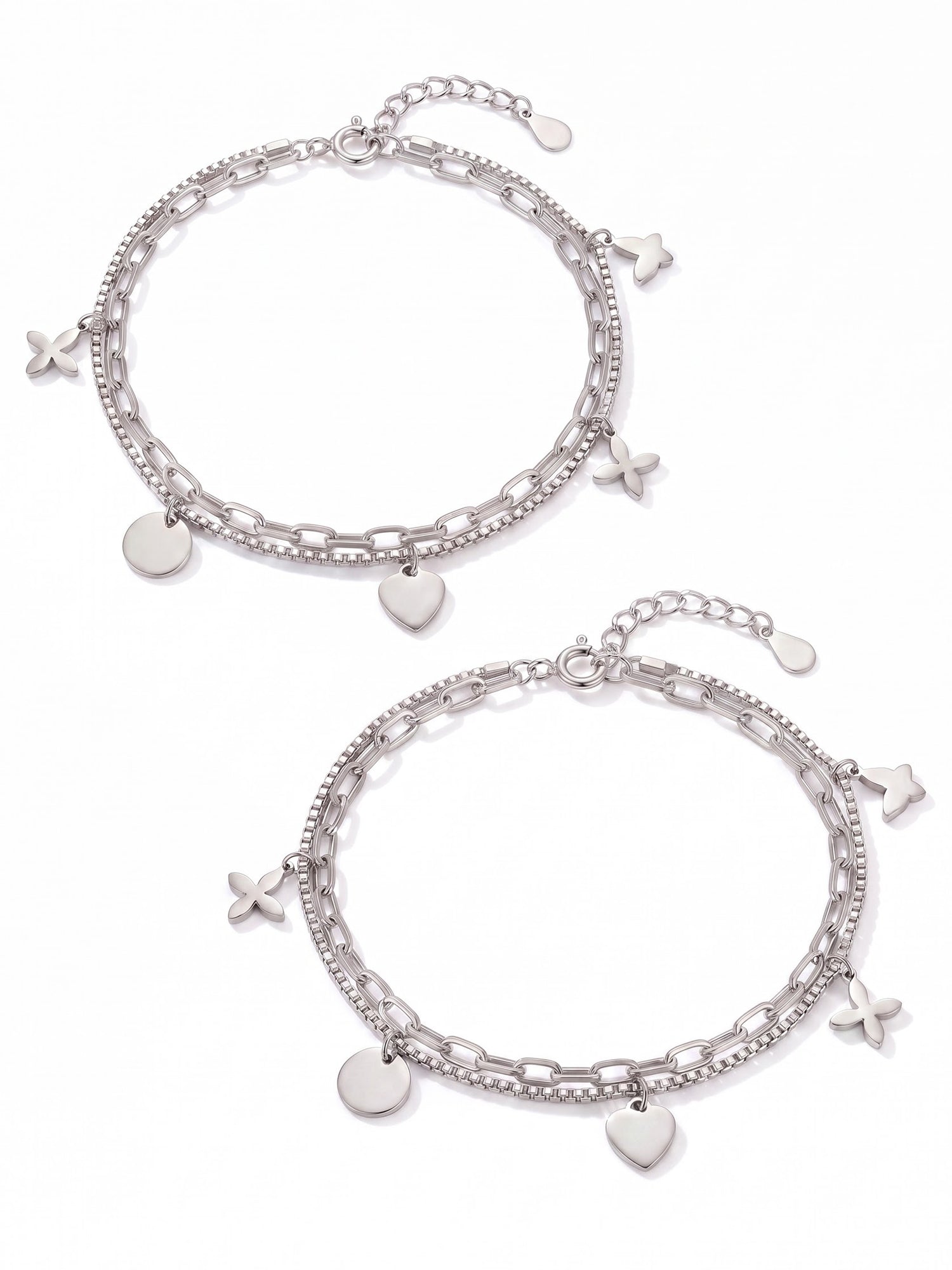 Dual-Layered Charm Anklet Set with Heart, Disc & Floral Motifs