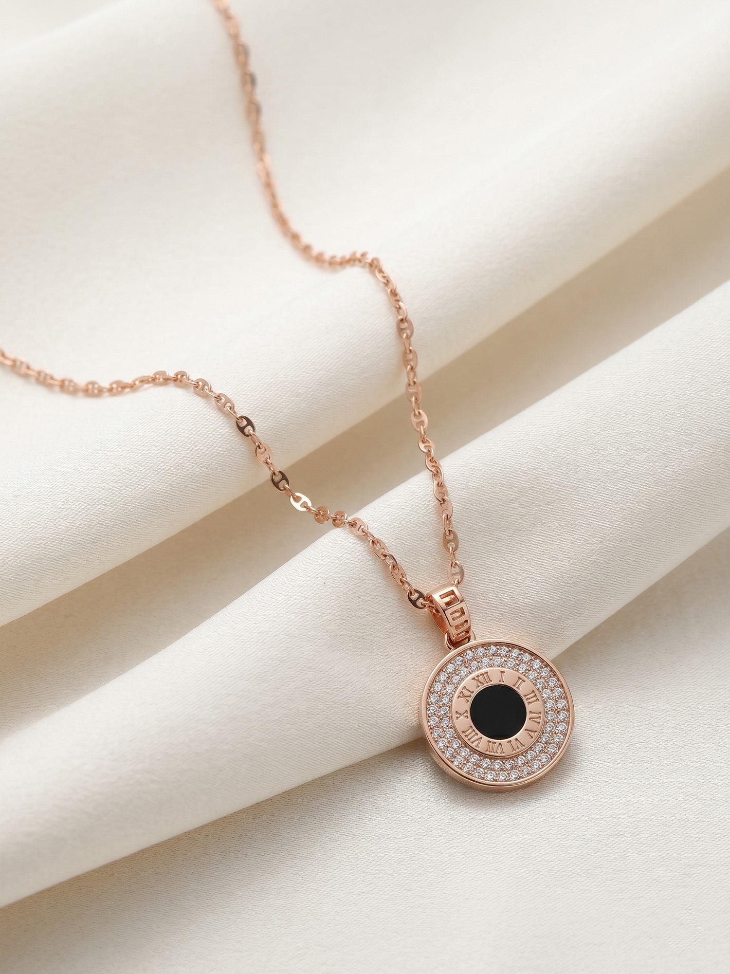 Roseate Roman Numeral Shimmering Medallion Necklace