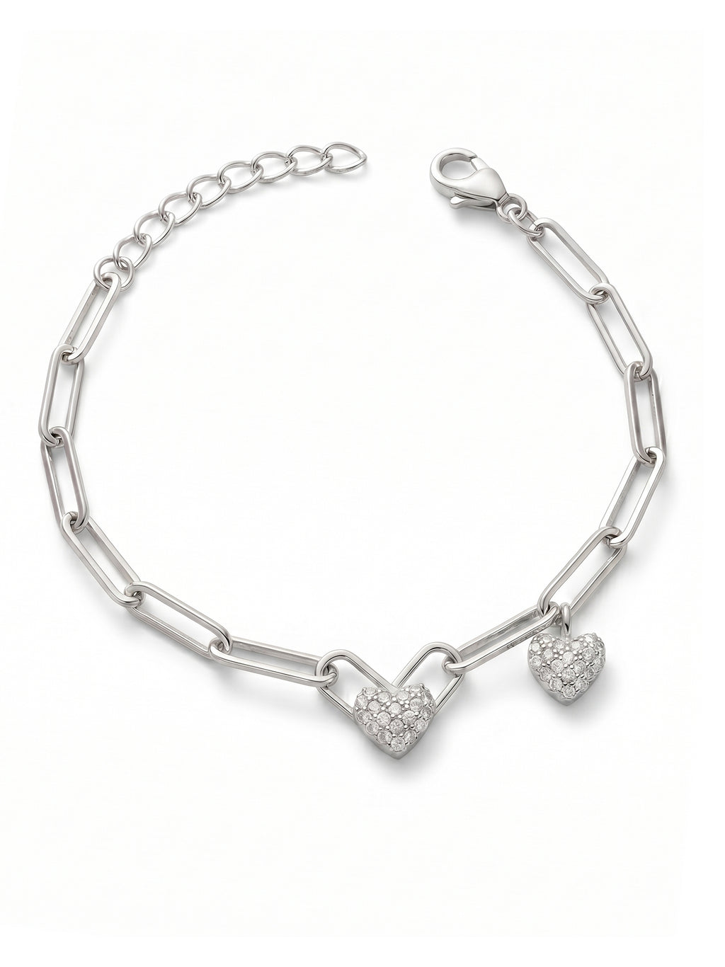 Pavé Double Heart Charm Paper Clip Chain Bracelet