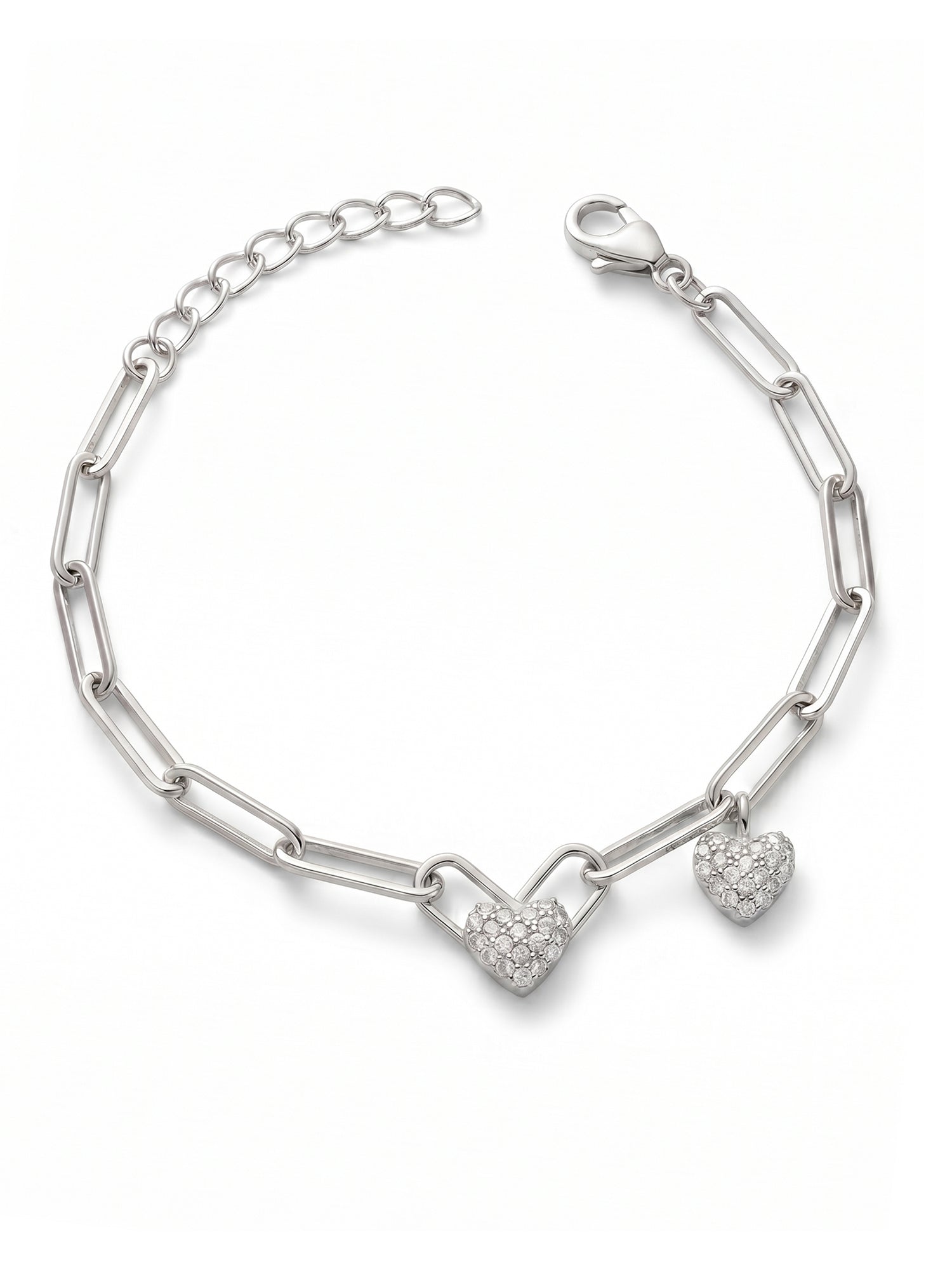 Pavé Double Heart Charm Paper Clip Chain Bracelet