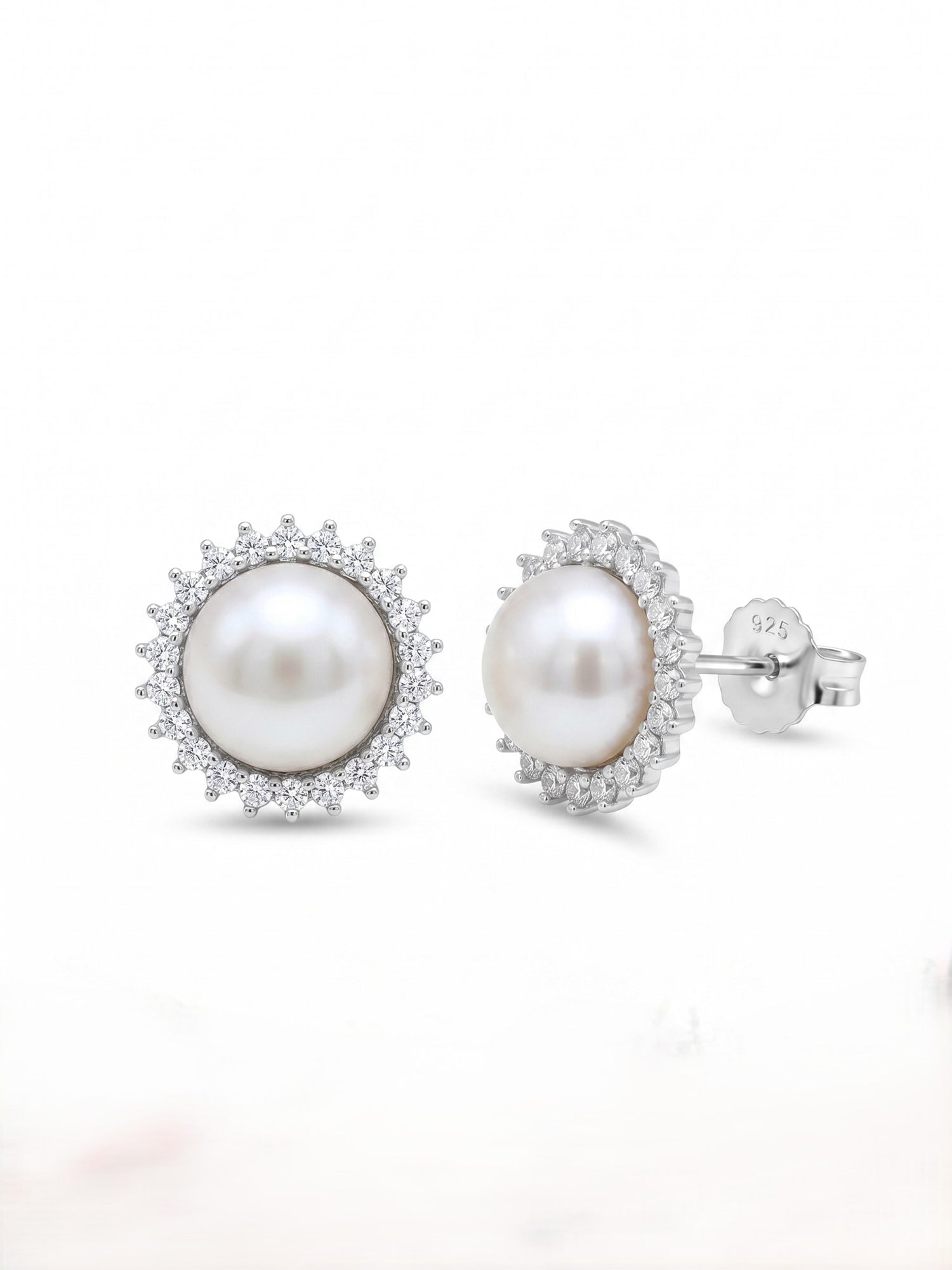 Pearl & Full Pavé CZ Sunburst Halo Stud Earrings