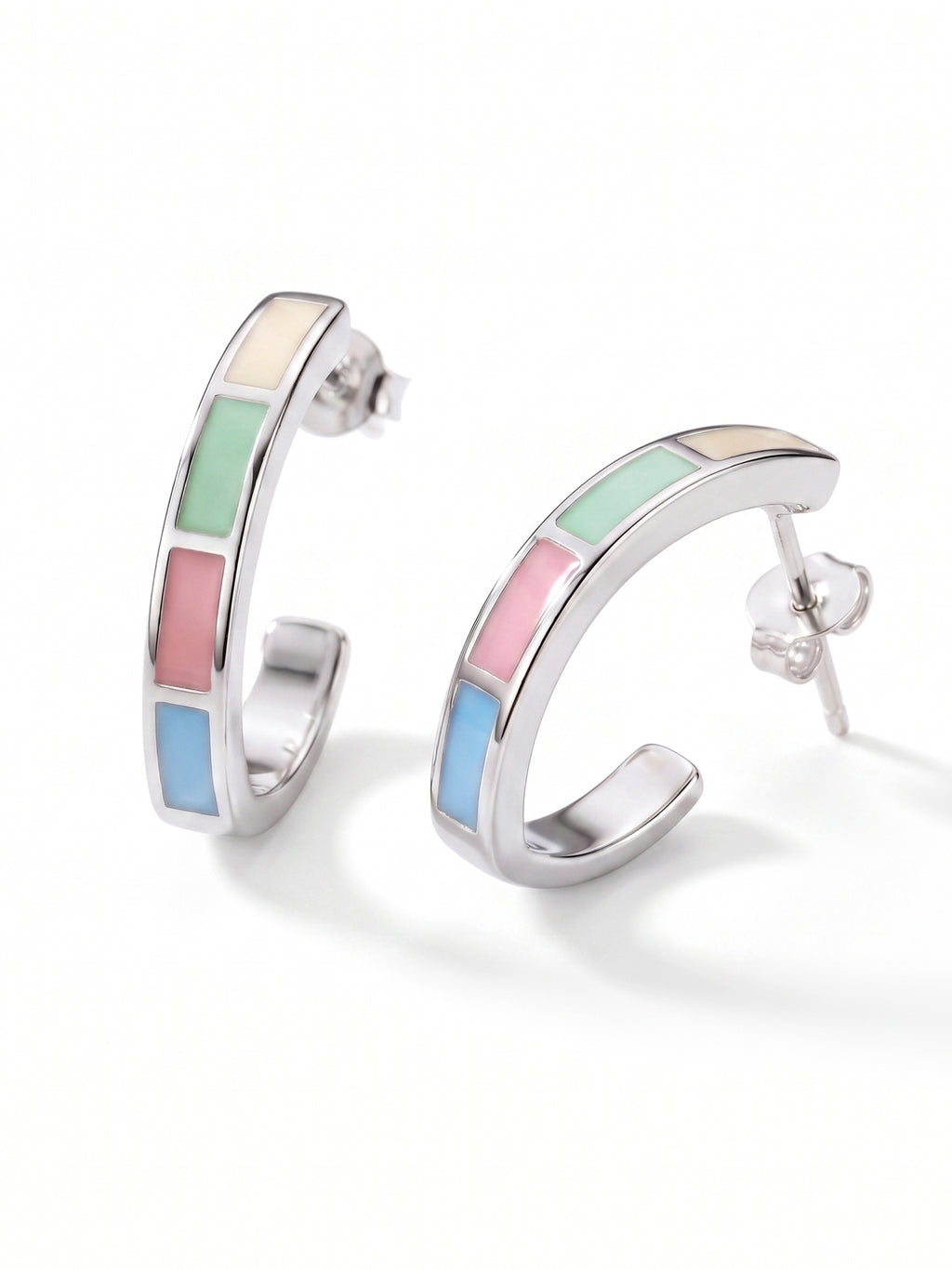 Pastel Color Block Inlay Open Hoop Studs