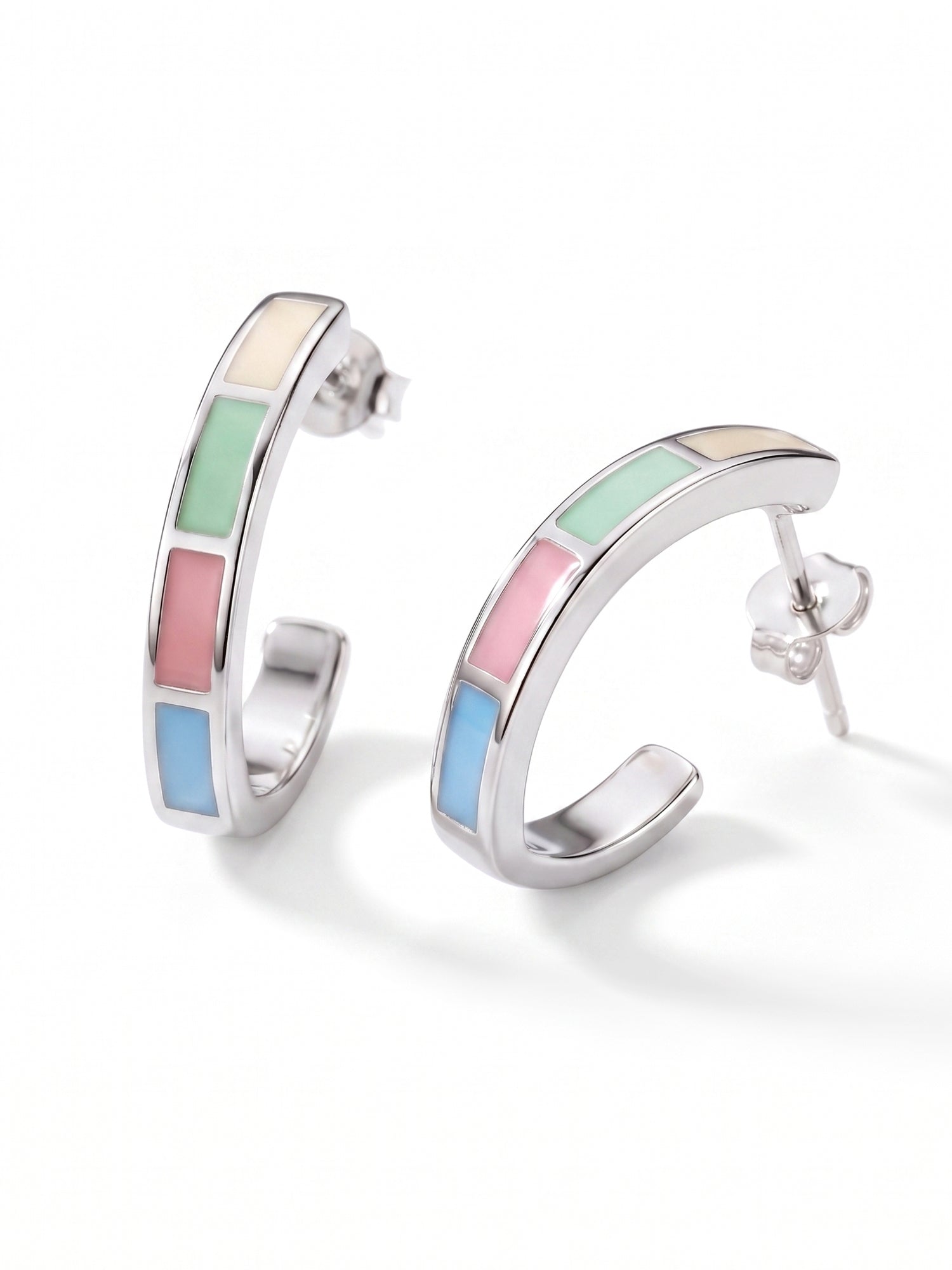 Pastel Color Block Inlay Open Hoop Studs