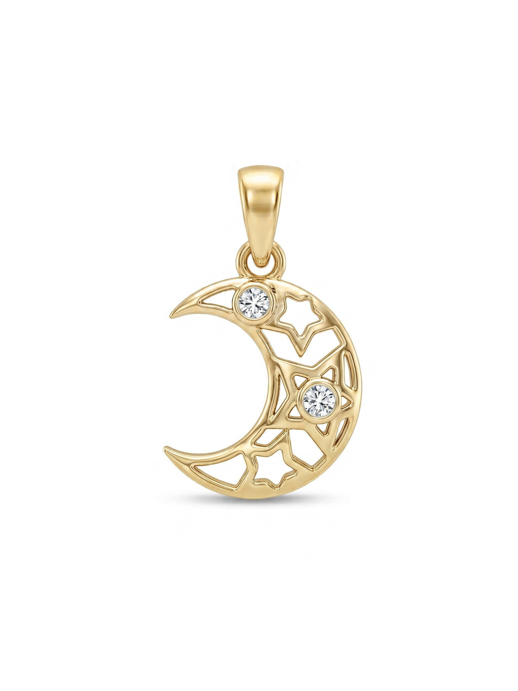 Crescent Moon Star CZ Gold Pendant