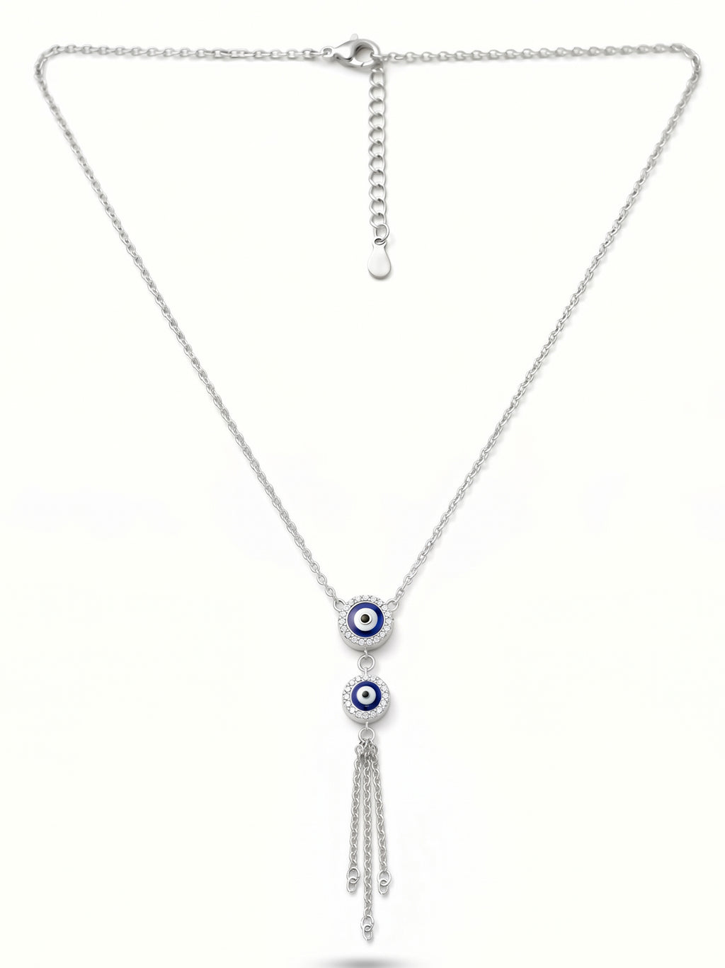 Double Evil Eye CZ Tassel Lariat Necklace