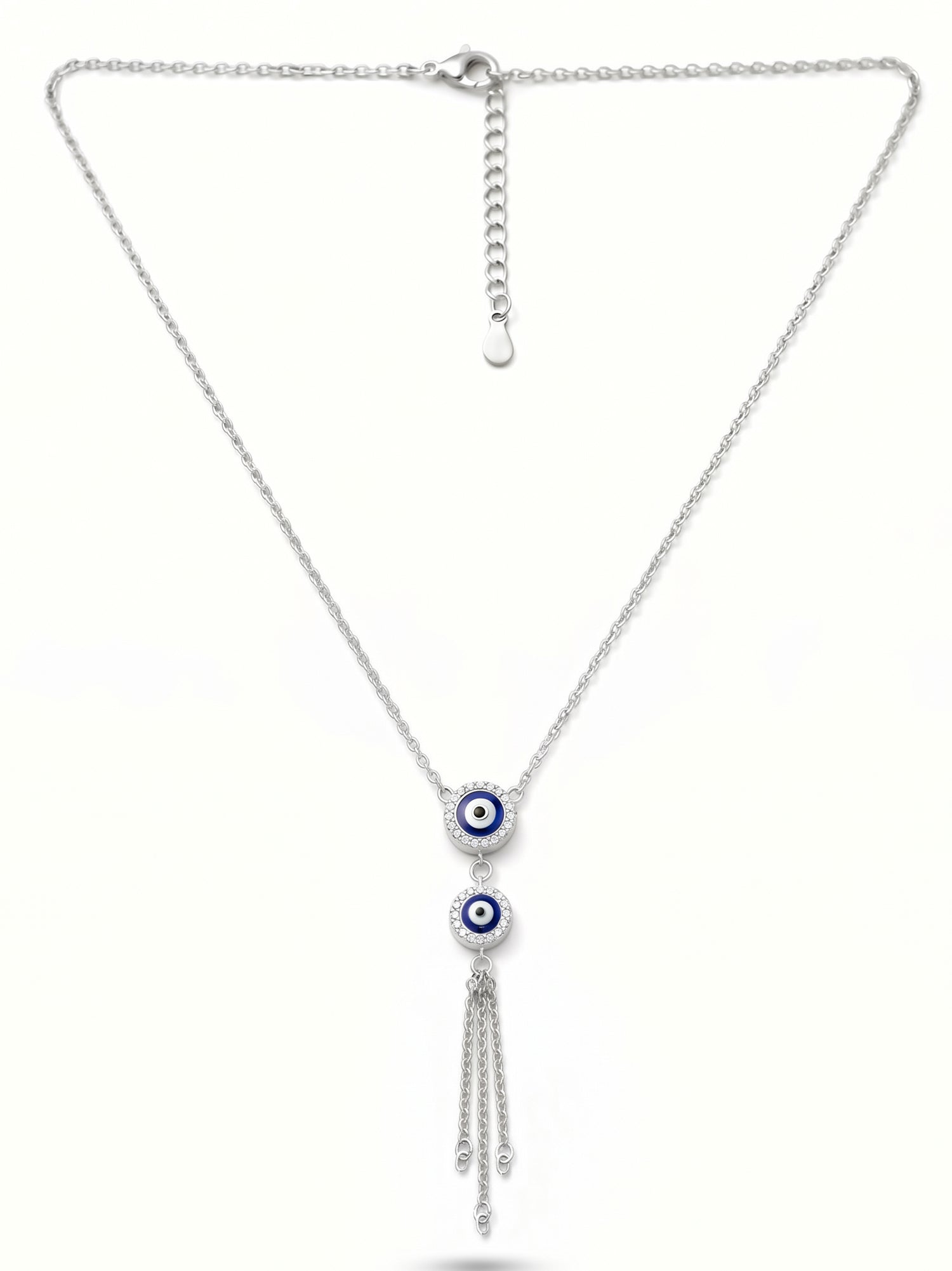 Double Evil Eye CZ Tassel Lariat Necklace