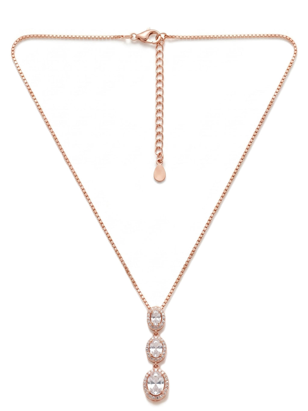 Triple Oval CZ Halo Drop Necklace in Rose Gold