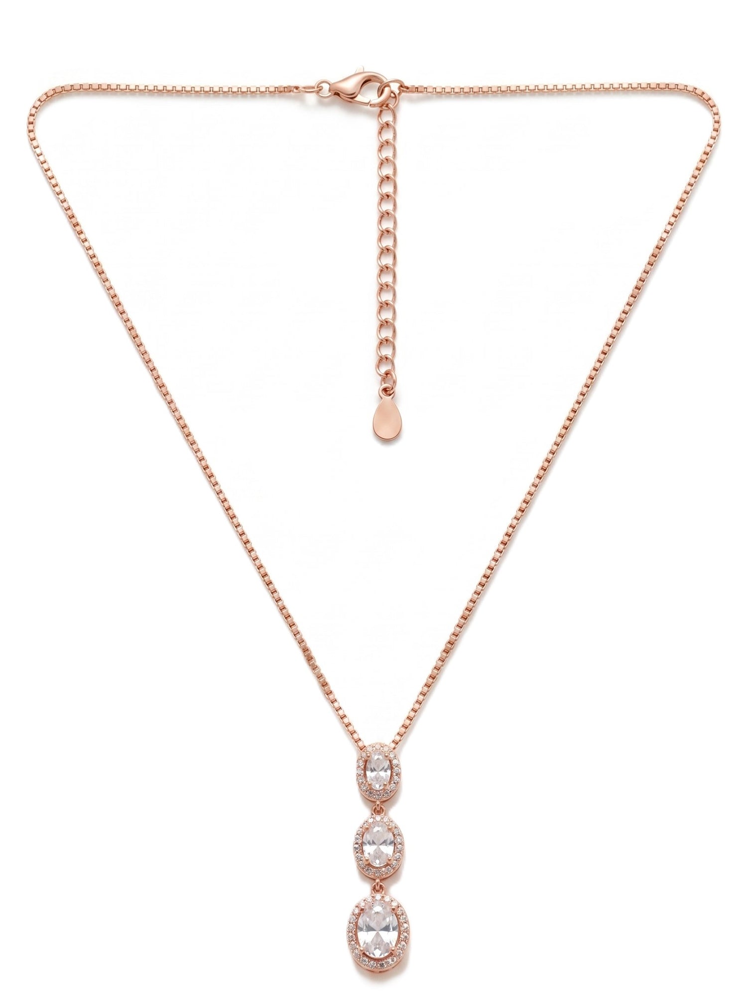 Triple Oval CZ Halo Drop Necklace in Rose Gold