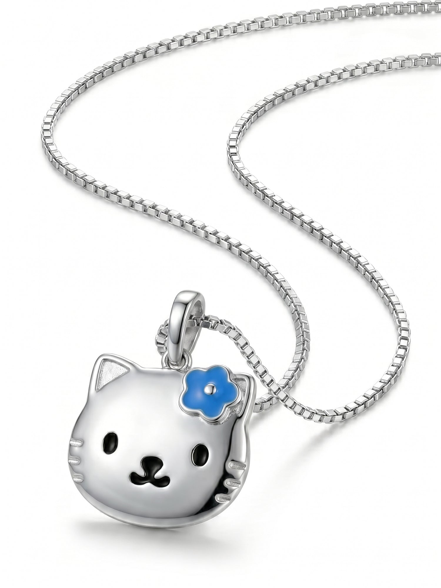 Blue Flower Kitty Face Pendant Necklace for Kids