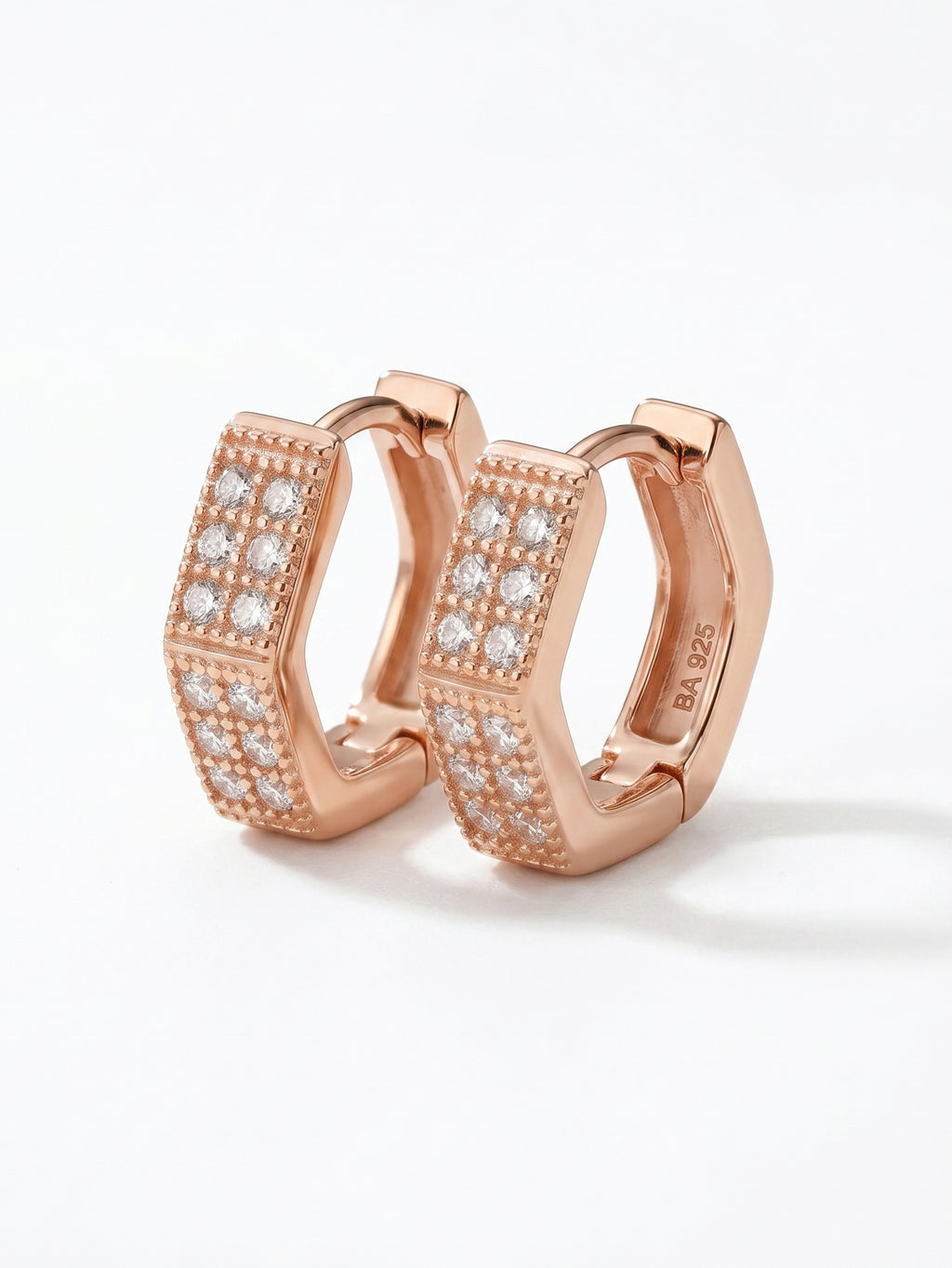 Hexagonal Pavé Cubic Zirconia Rose Gold Huggie Earrings