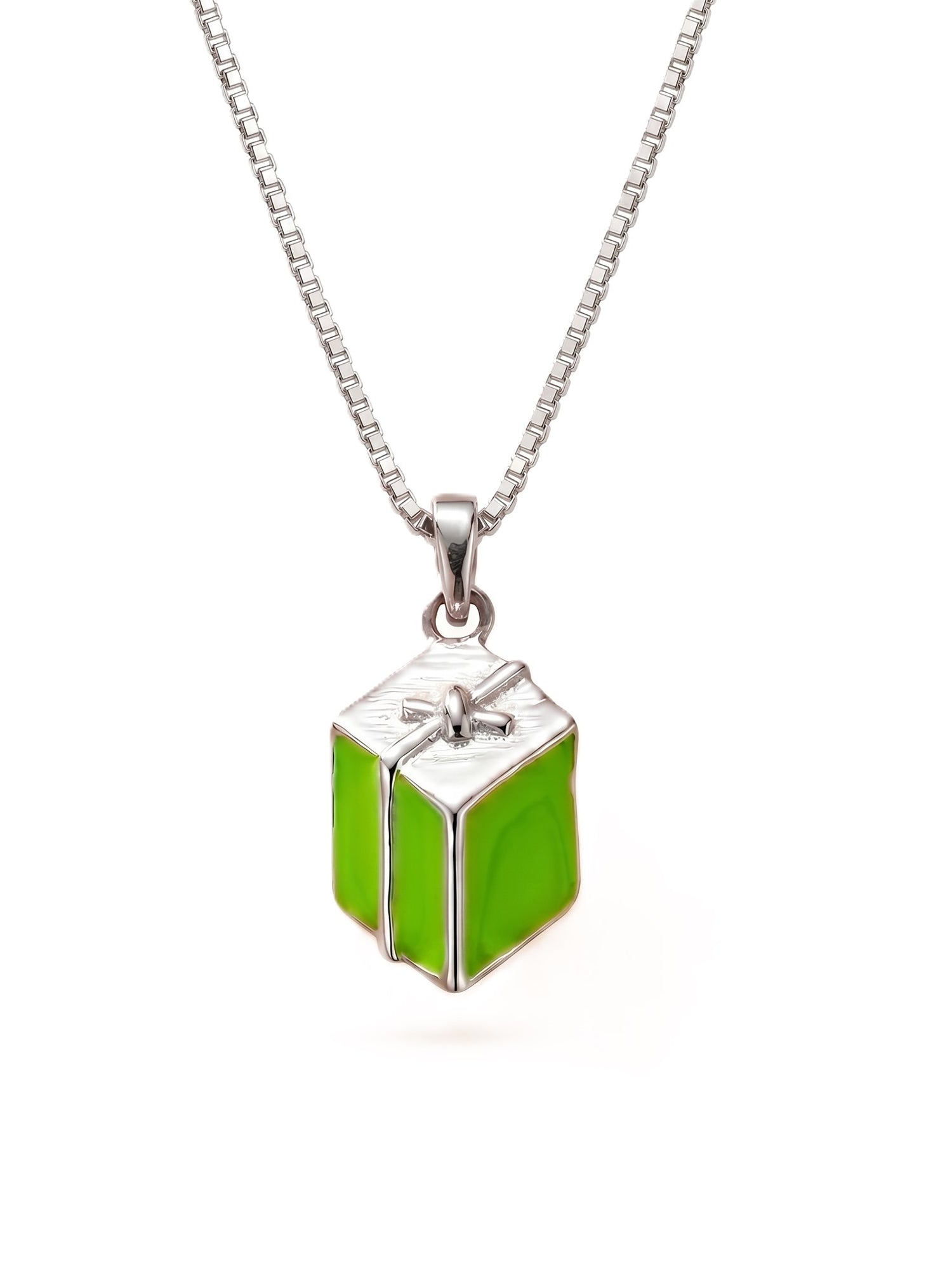 Kids Lime Green Enamel Gift Box Pendant Necklace
