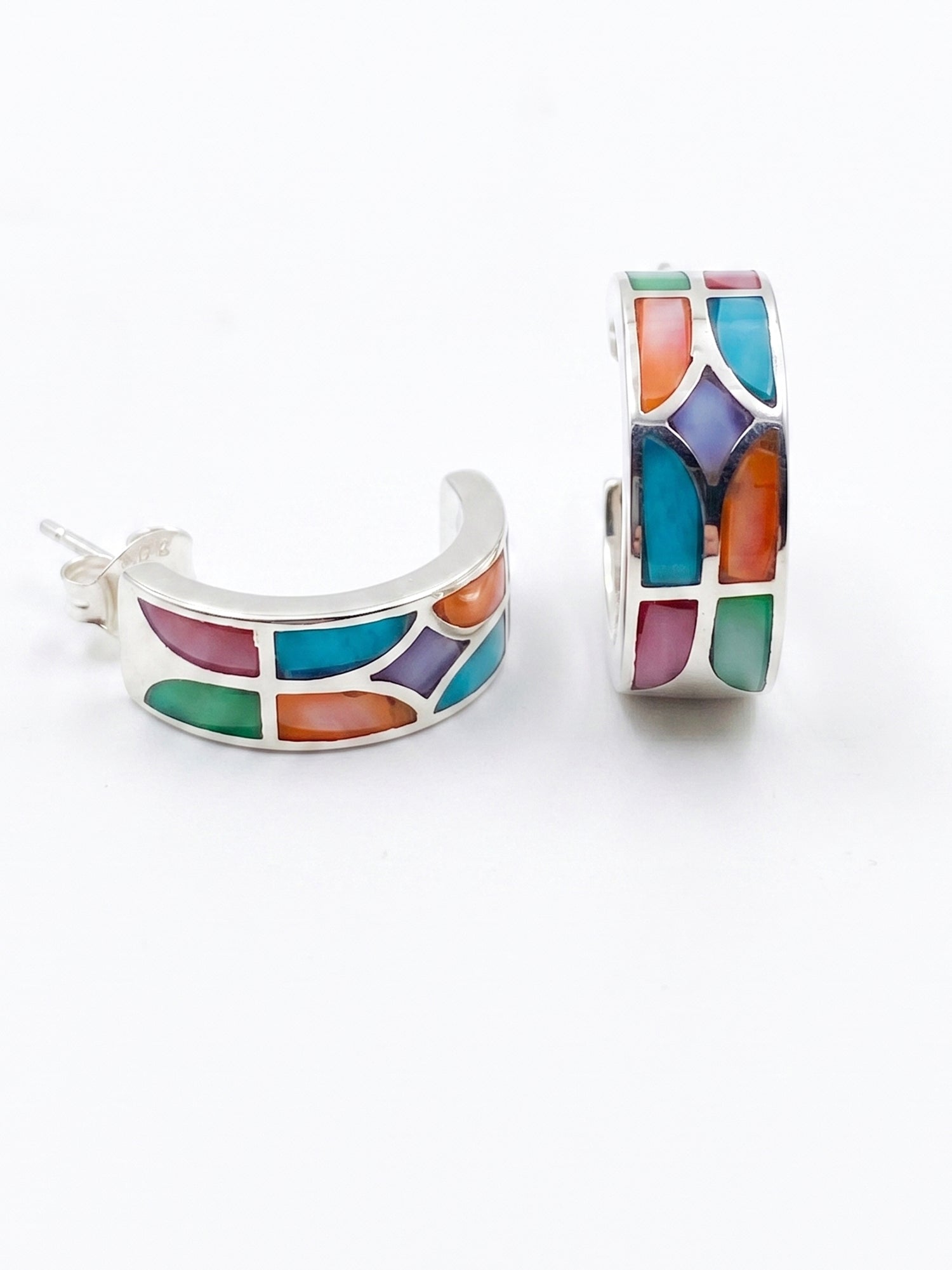 Vibrant Inlay Mosaic Open Hoop Studs