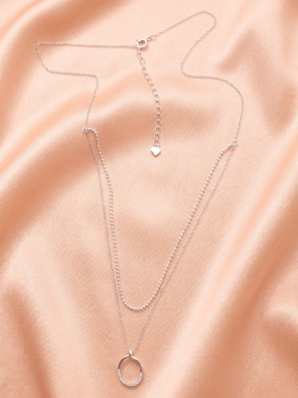 Silver Layered Shimmering Oval Pendant Necklace