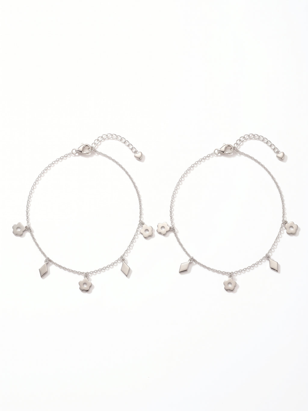 Flower & Diamond Charm Anklets Set of 2