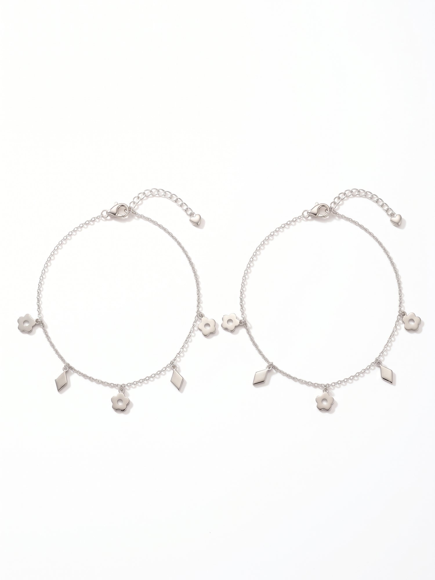 Flower & Diamond Charm Anklets Set of 2