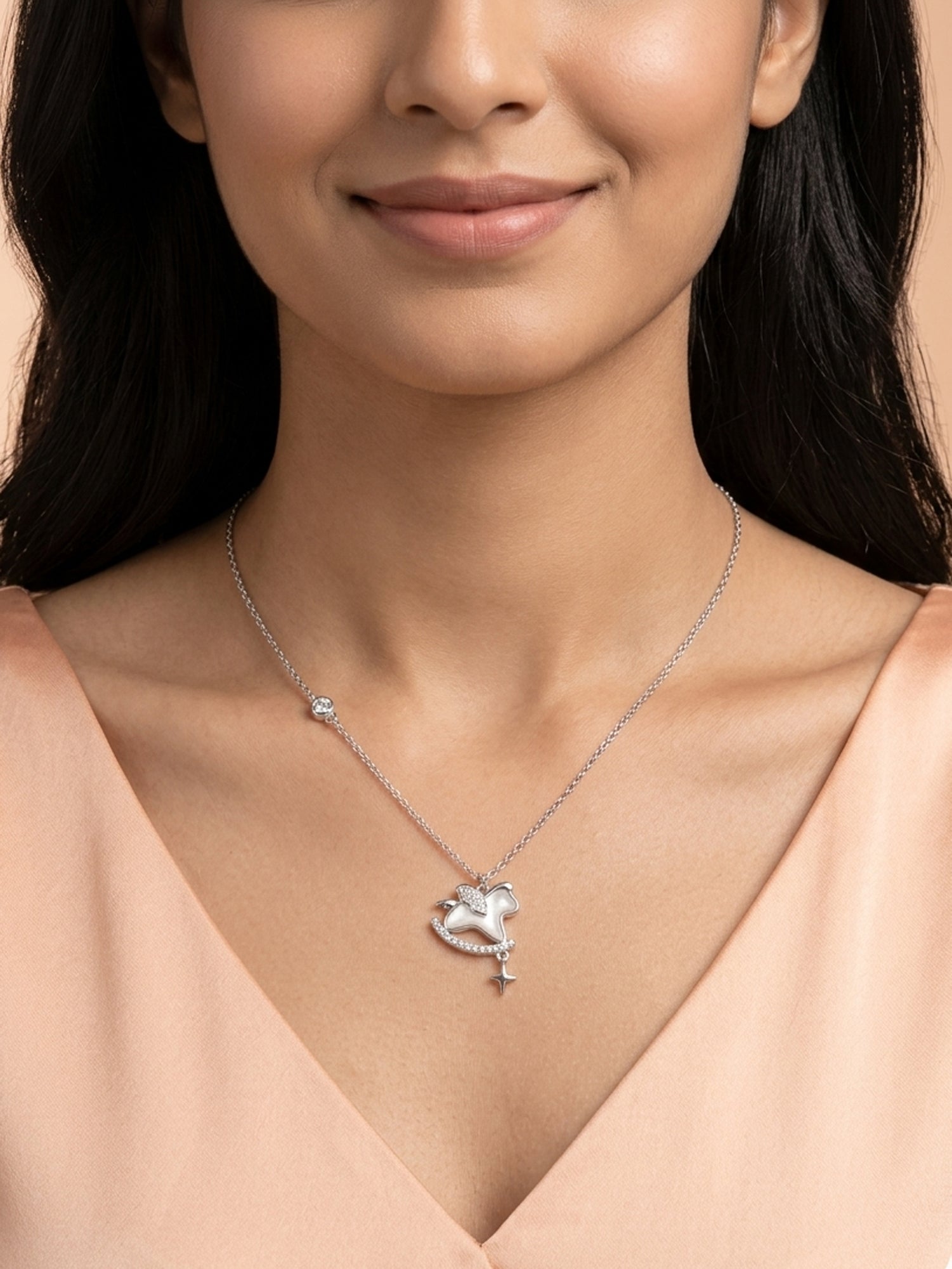 Silver Shimmering Rocking Horse Pendant Necklace