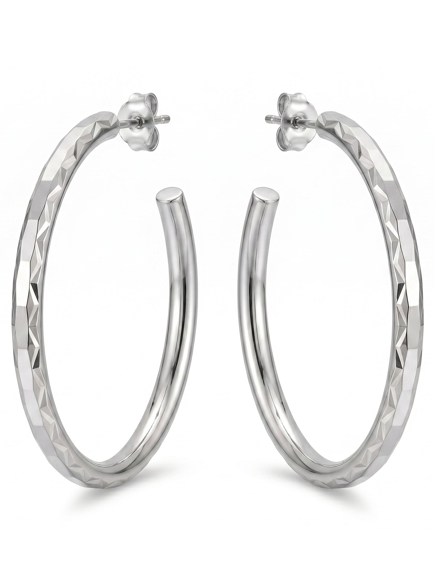 Diamond-Cut Textured Open Hoop Studs