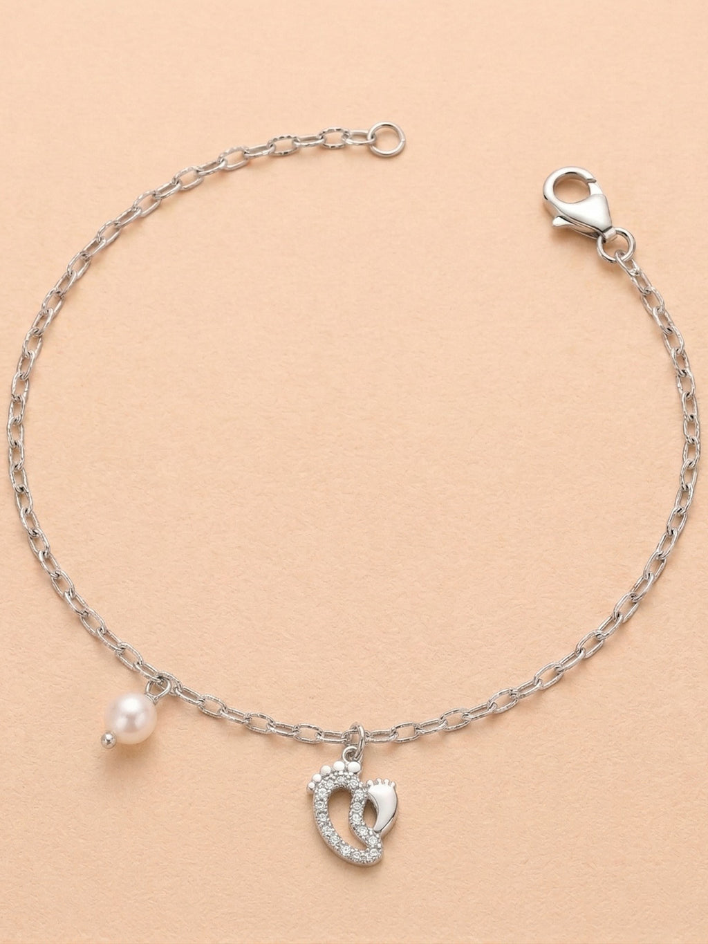 Silver Shimmering Baby Feet & Pearl Charm Bracelet
