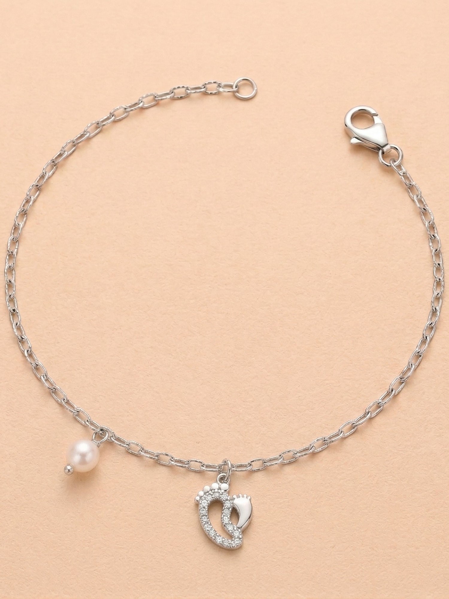 Silver Shimmering Baby Feet & Pearl Charm Bracelet