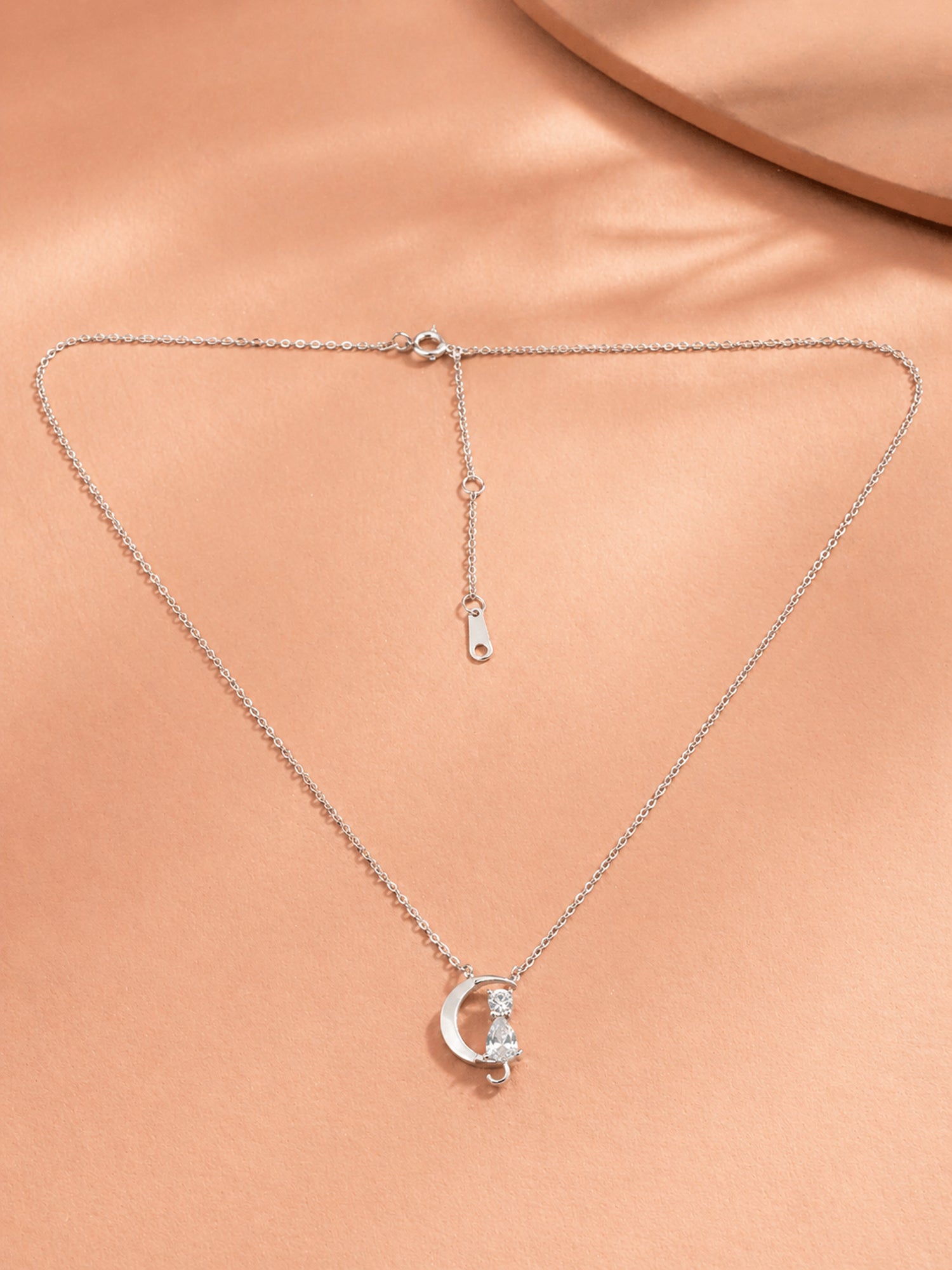 Silver Celestial Cat & Crescent Moon Pendant Necklace