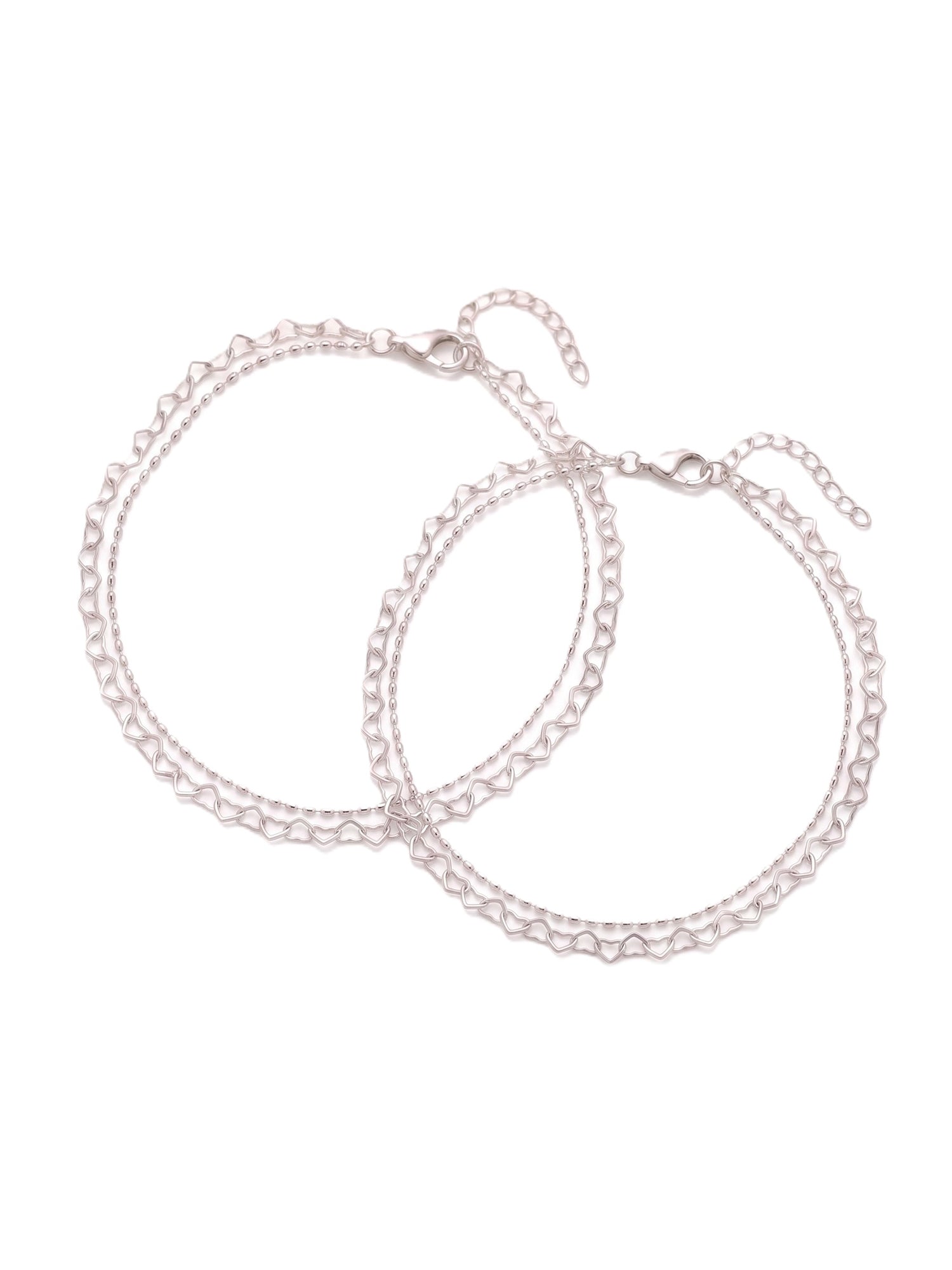 "Interlocking Heart & Dainty Bead Layered Anklets"