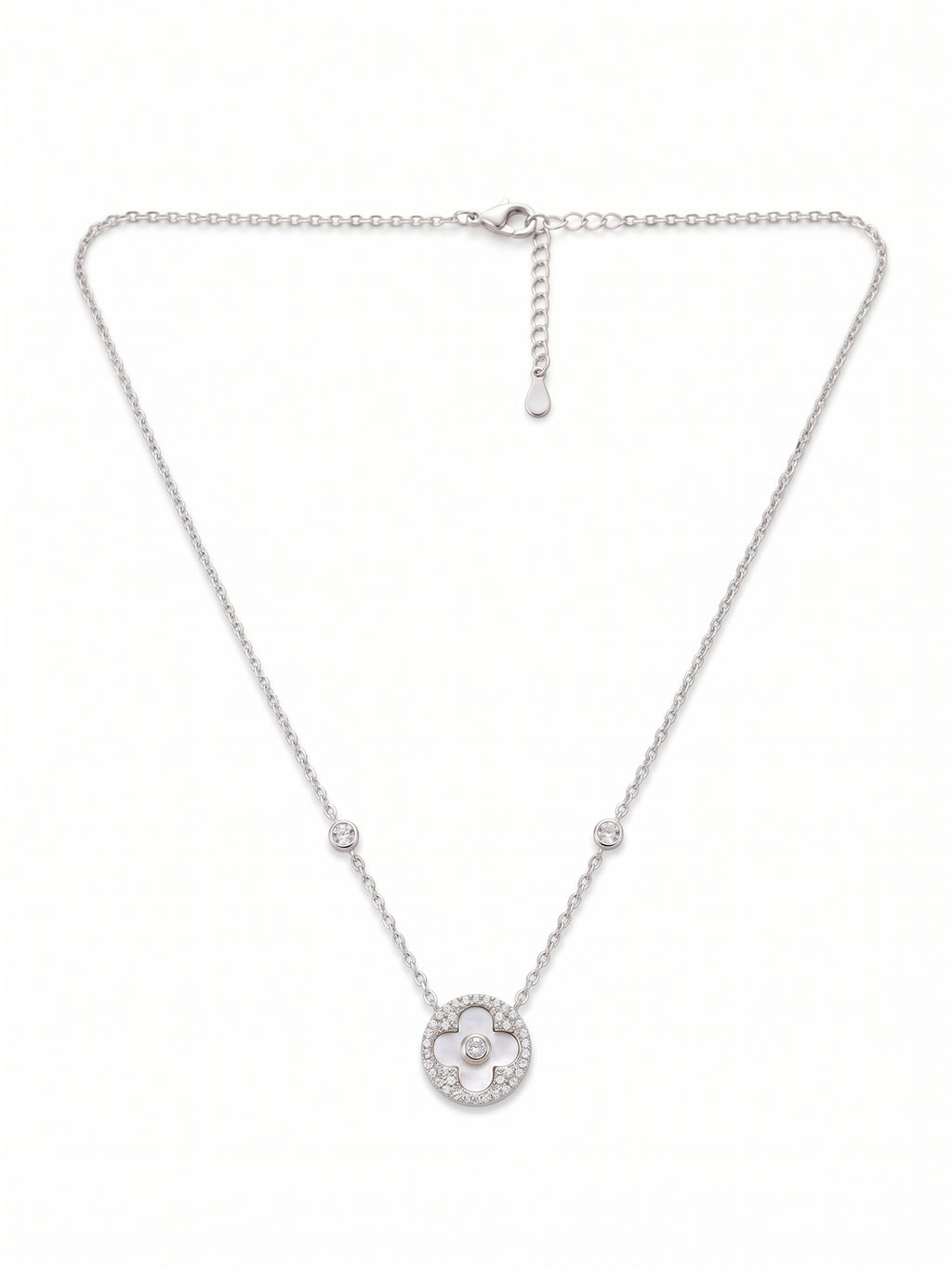 Mother of Pearl Clover & CZ Halo Disc Necklace