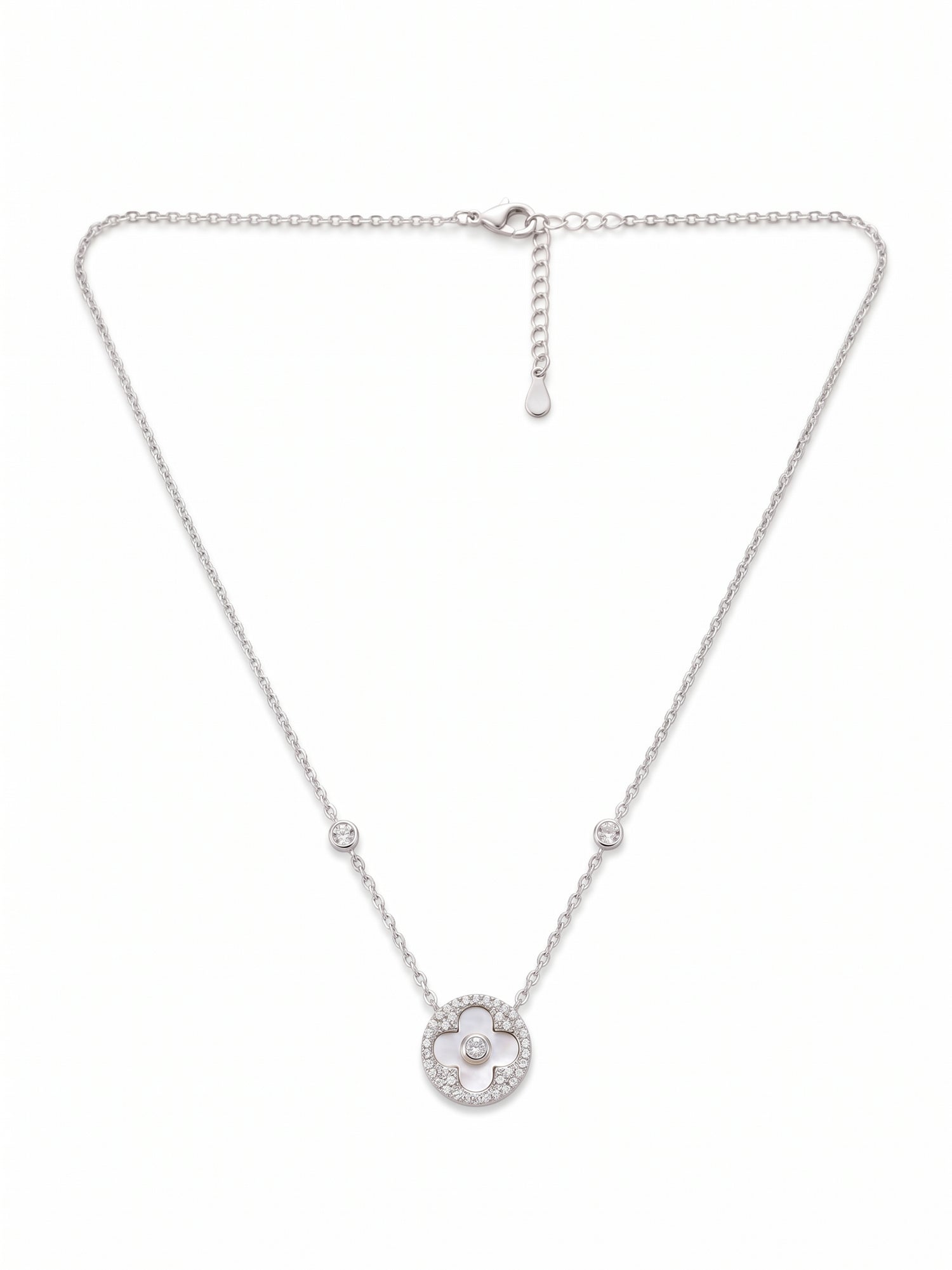 Mother of Pearl Clover & CZ Halo Disc Necklace