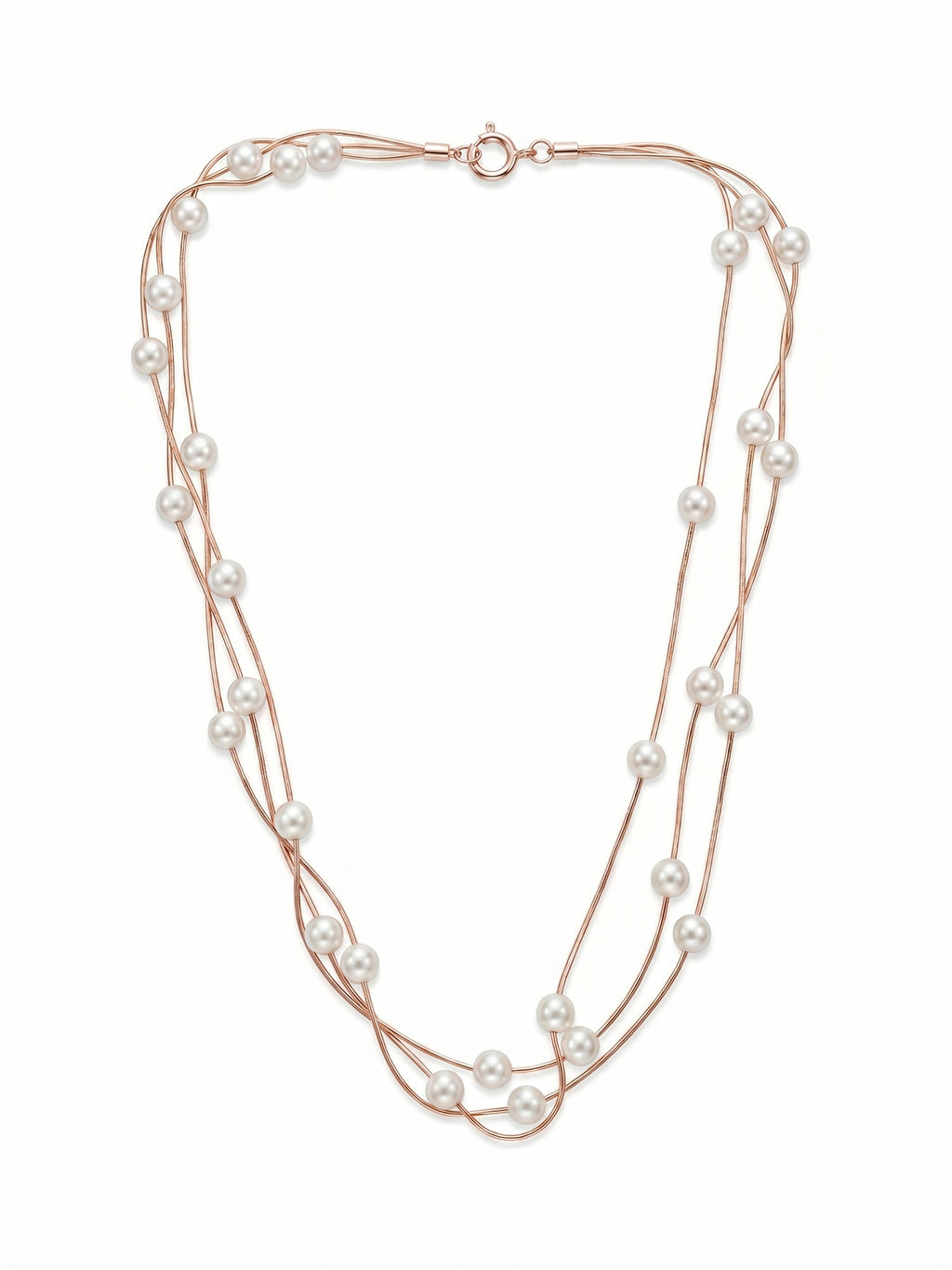 Triple Strand Floating Pearl Station Necklace in Rose Gold