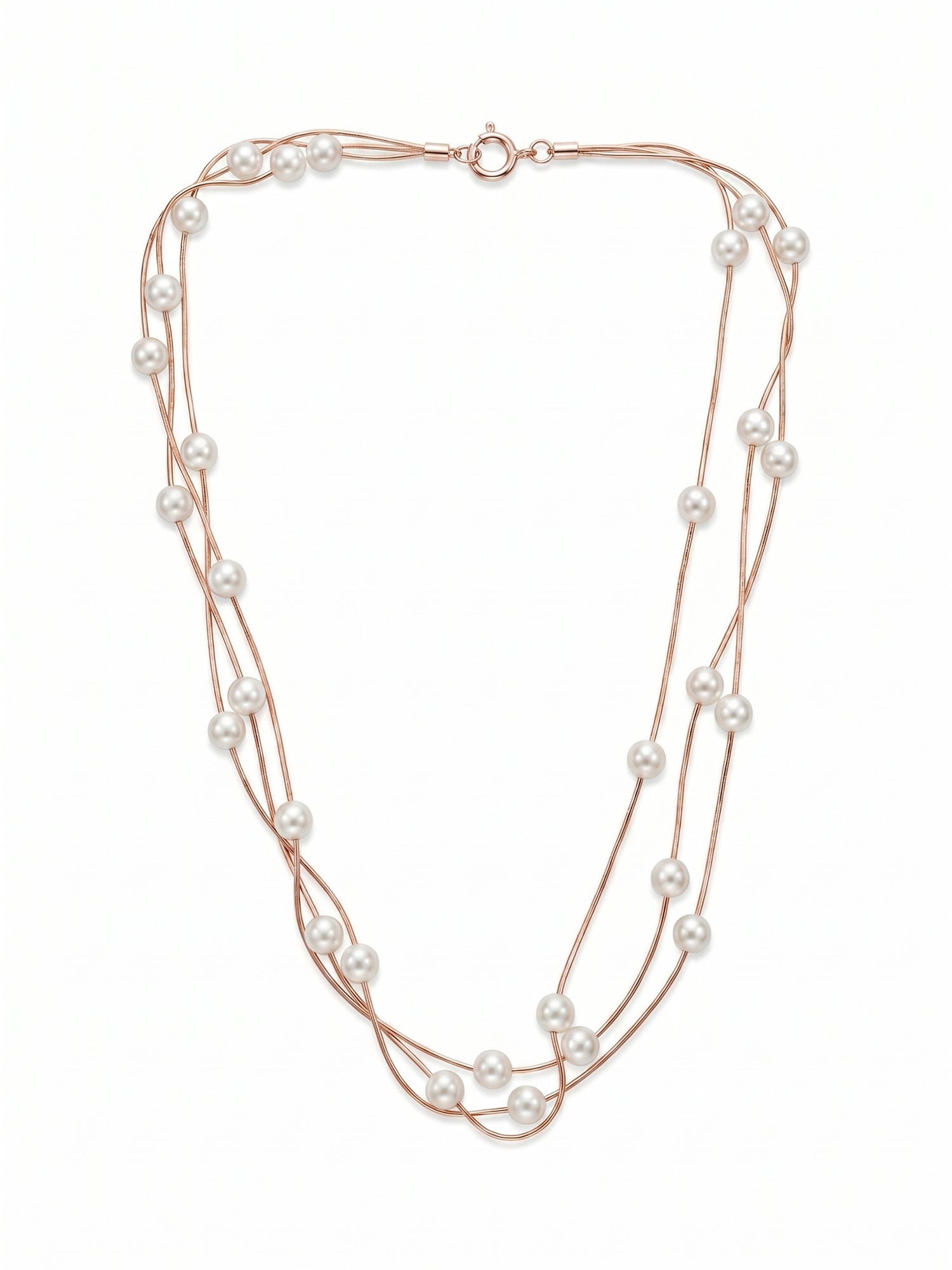 Triple Strand Floating Pearl Station Necklace in Rose Gold