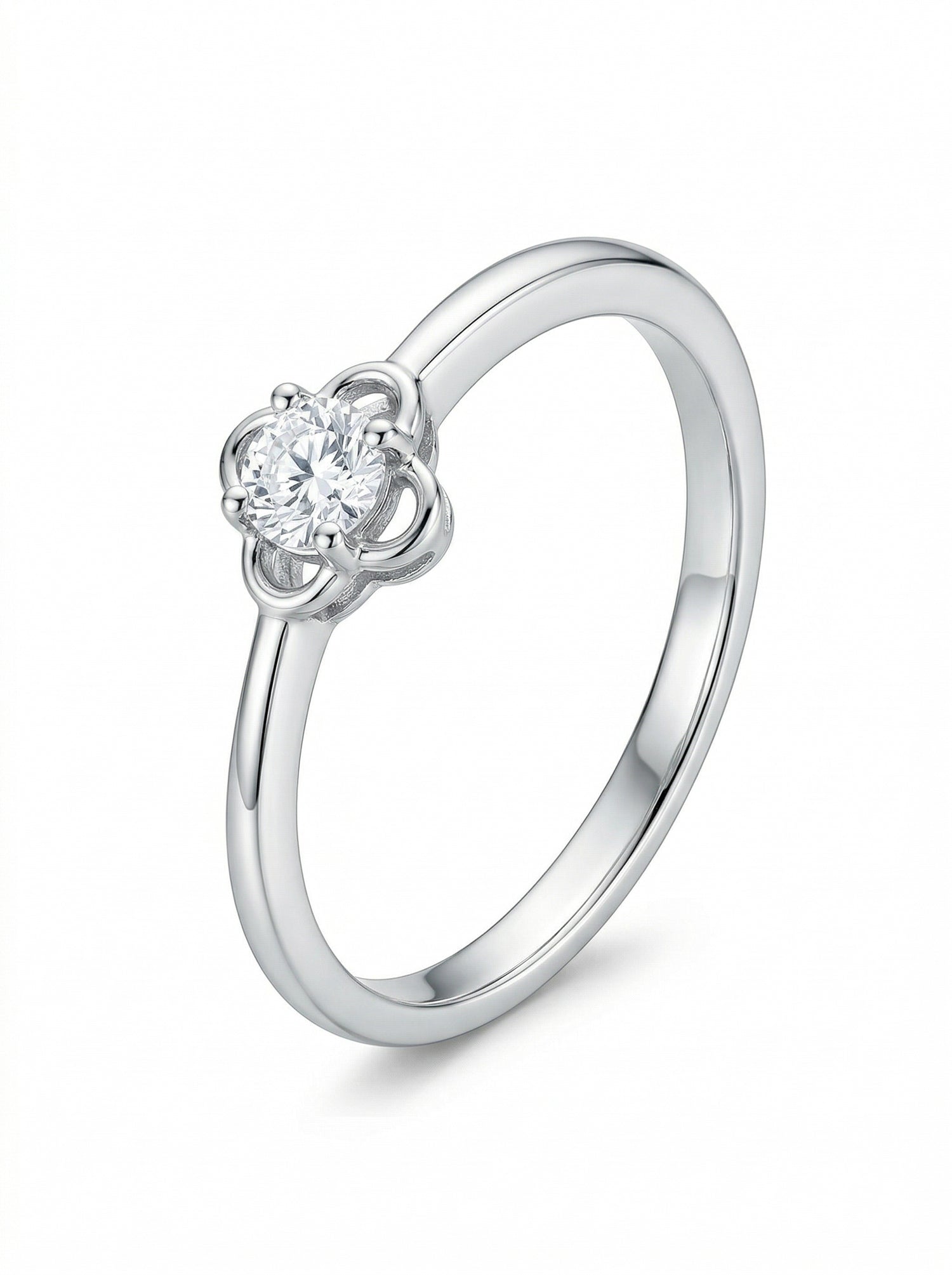 Silver Petal Openwork Solitaire Ring