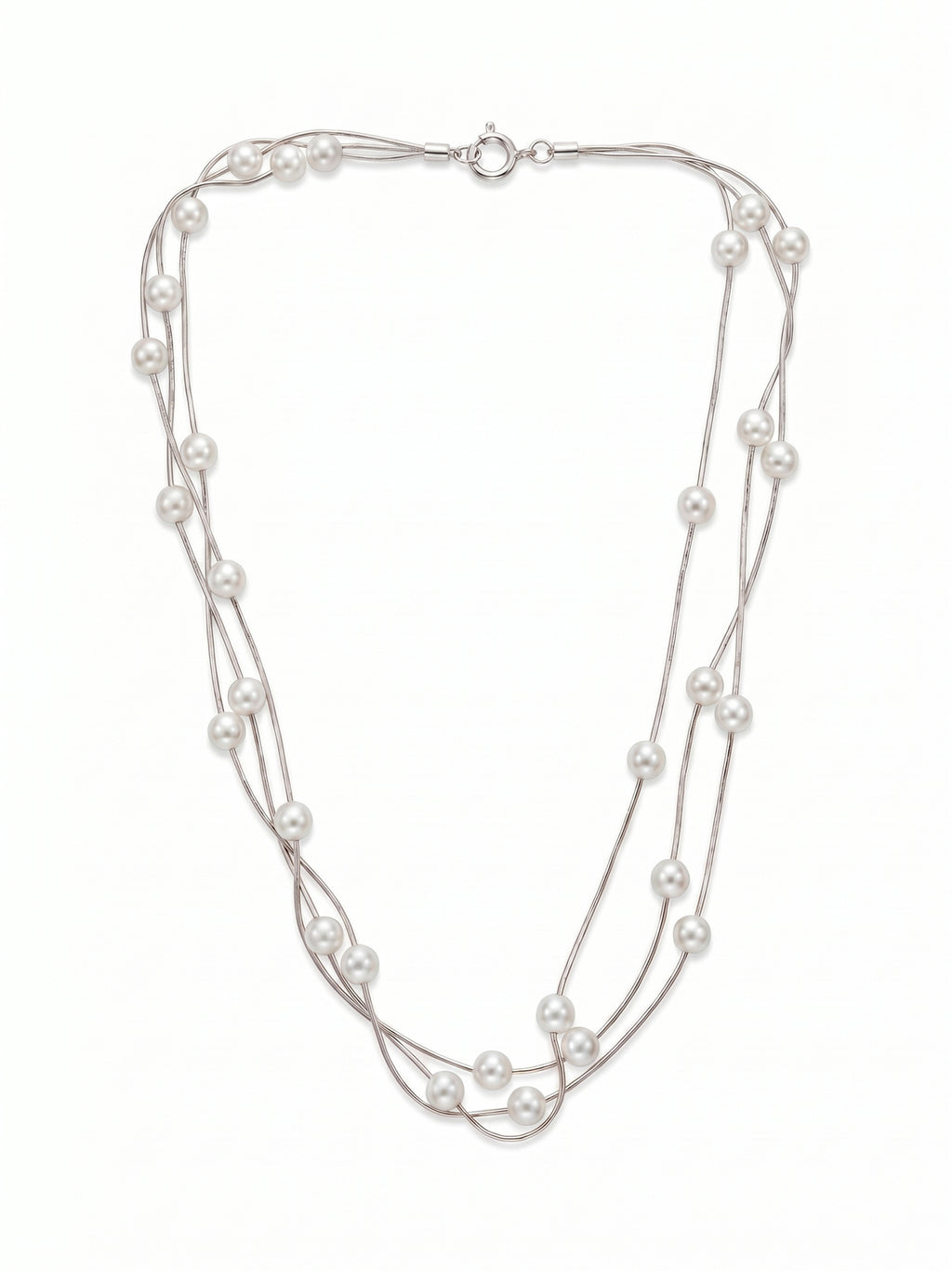 Triple Strand Floating Pearl Station Necklace