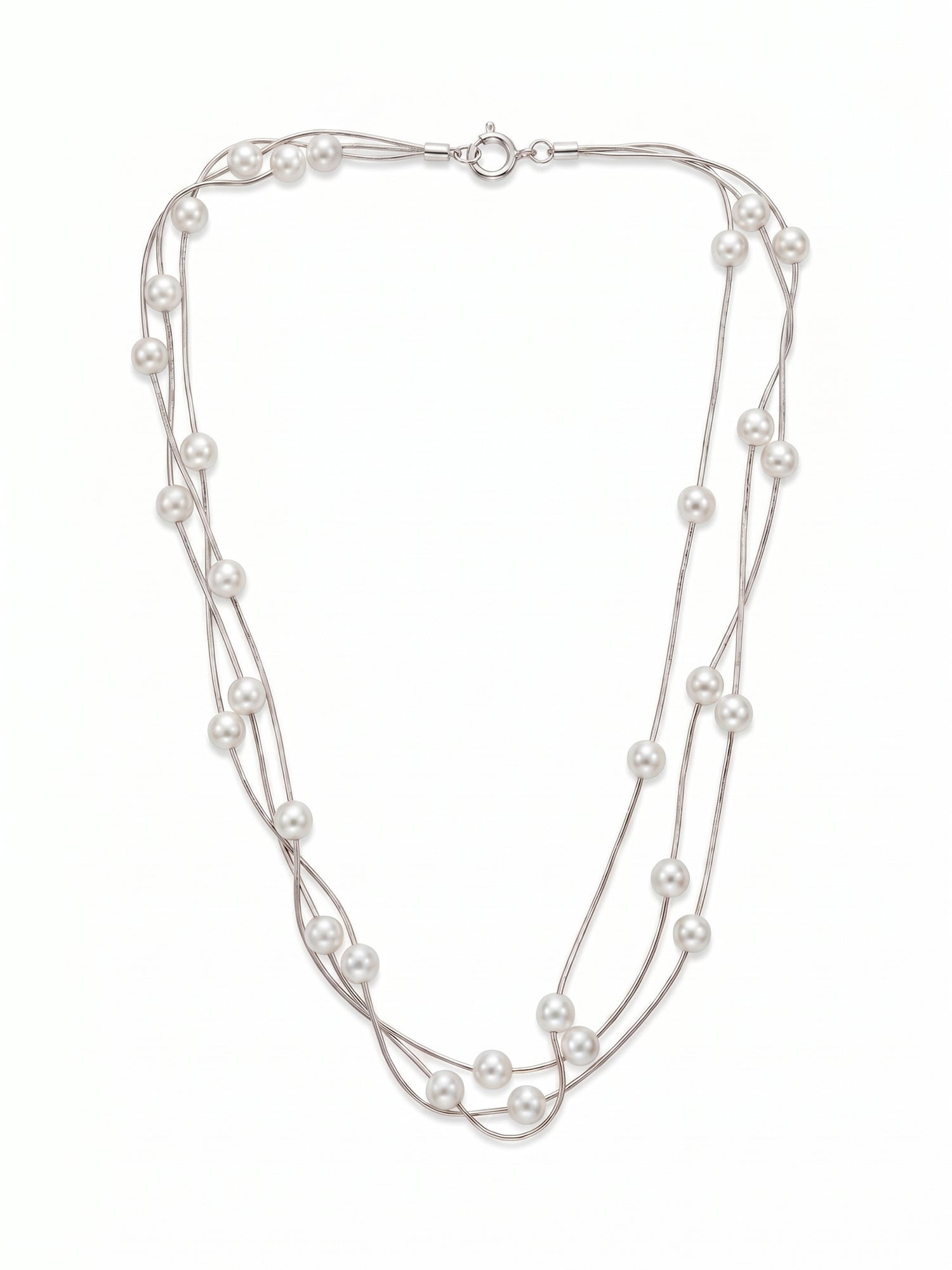 Triple Strand Floating Pearl Station Necklace
