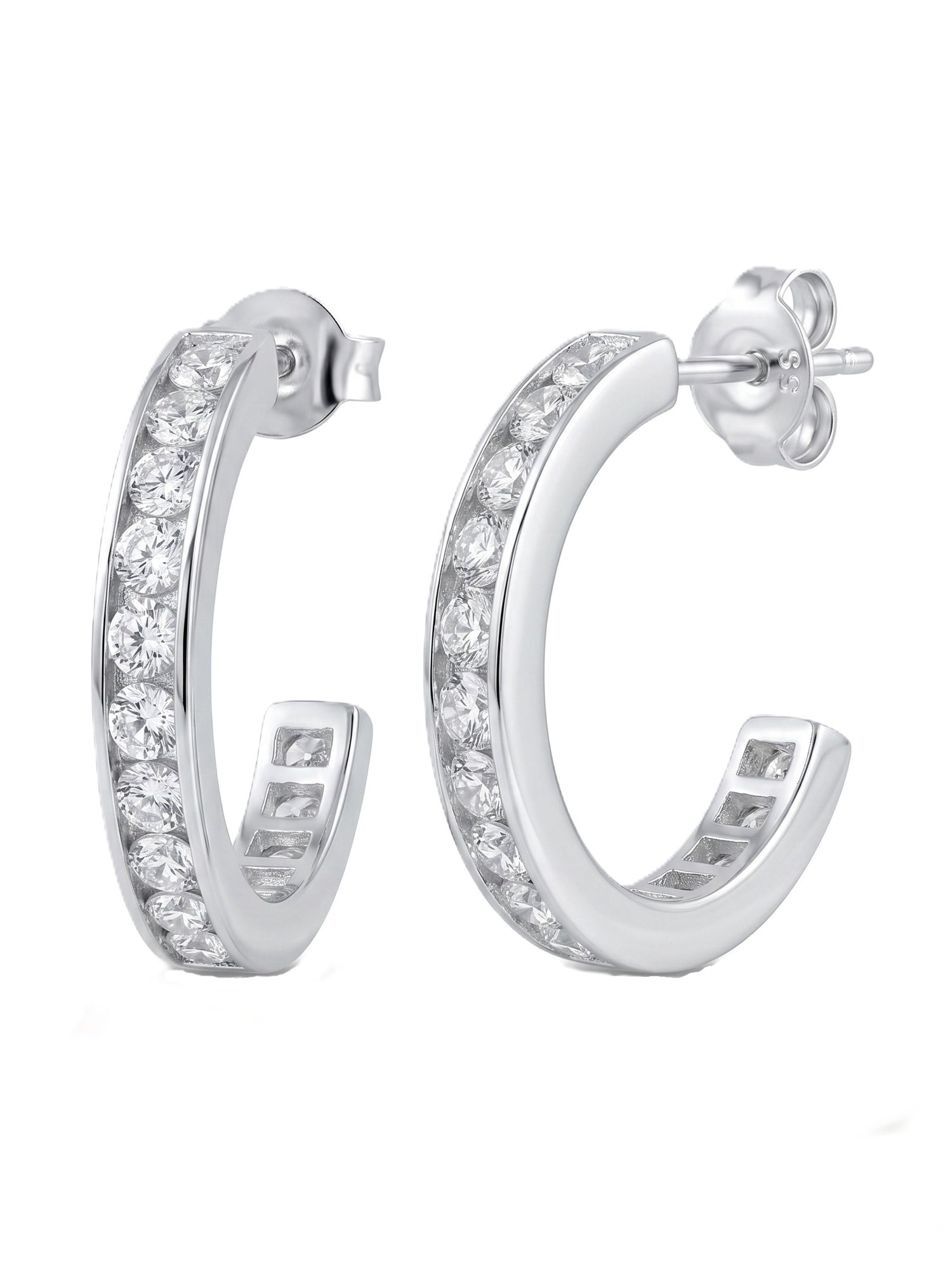 Channel-Set Round Cubic Zirconia Open Hoop Studs