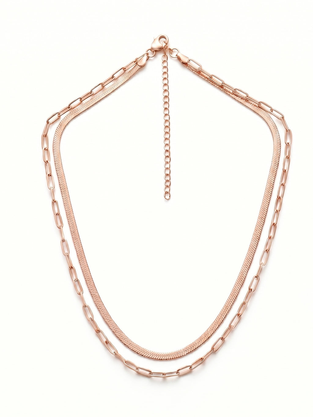 Herringbone & Paperclip Double Layer Chain Necklace in Rose Gold