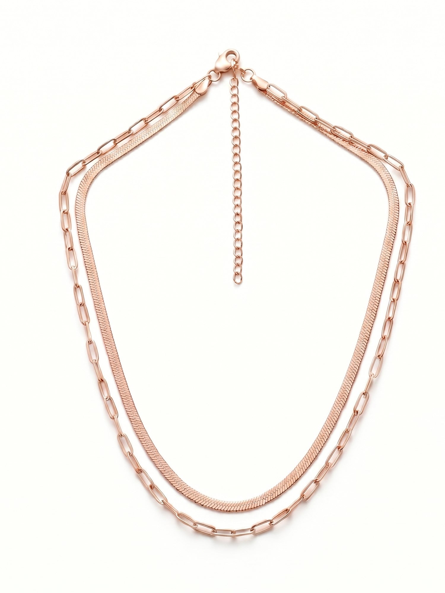 Herringbone & Paperclip Double Layer Chain Necklace in Rose Gold