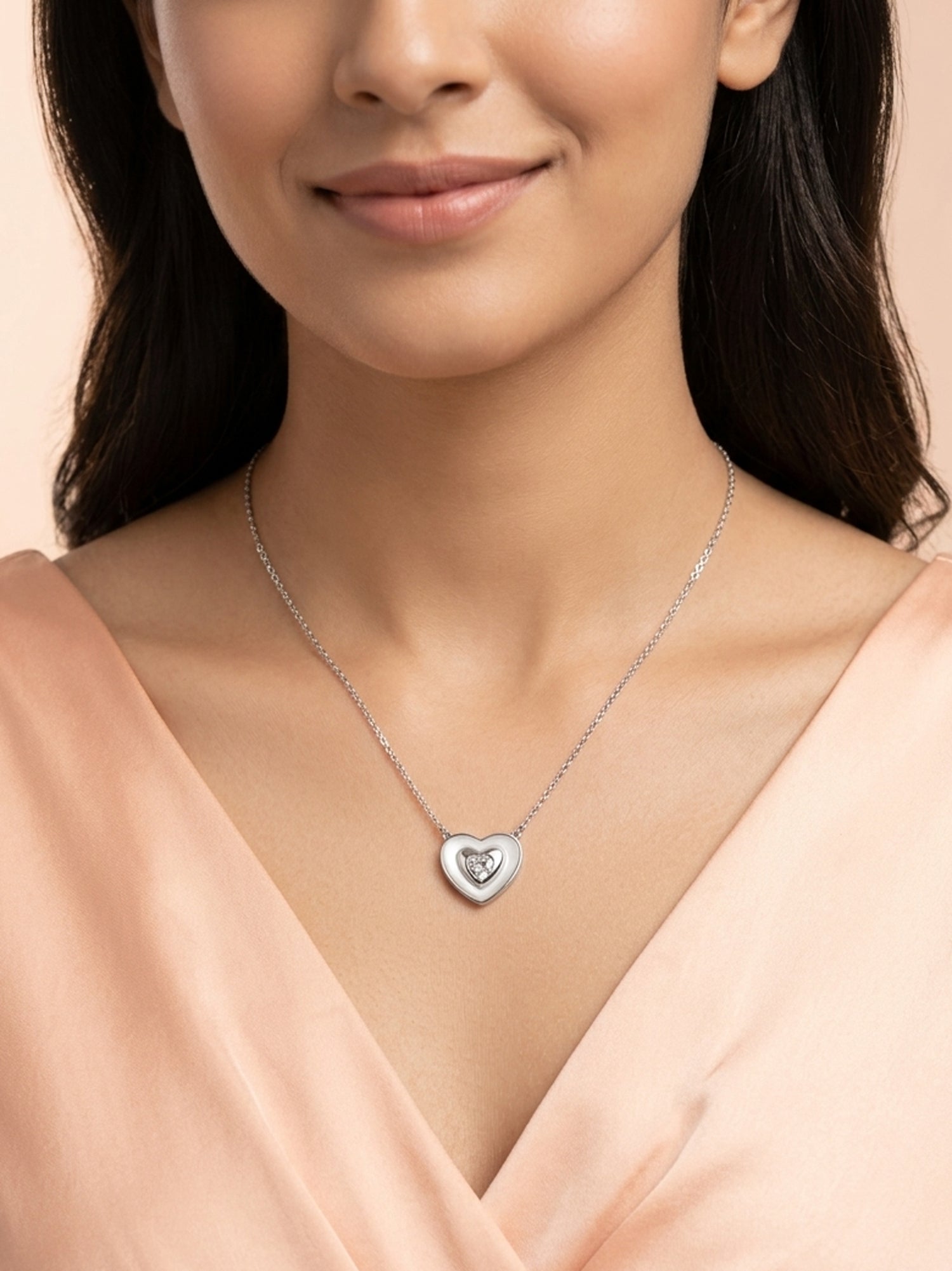 Silver Shimmering Nested Heart Pendant Necklace