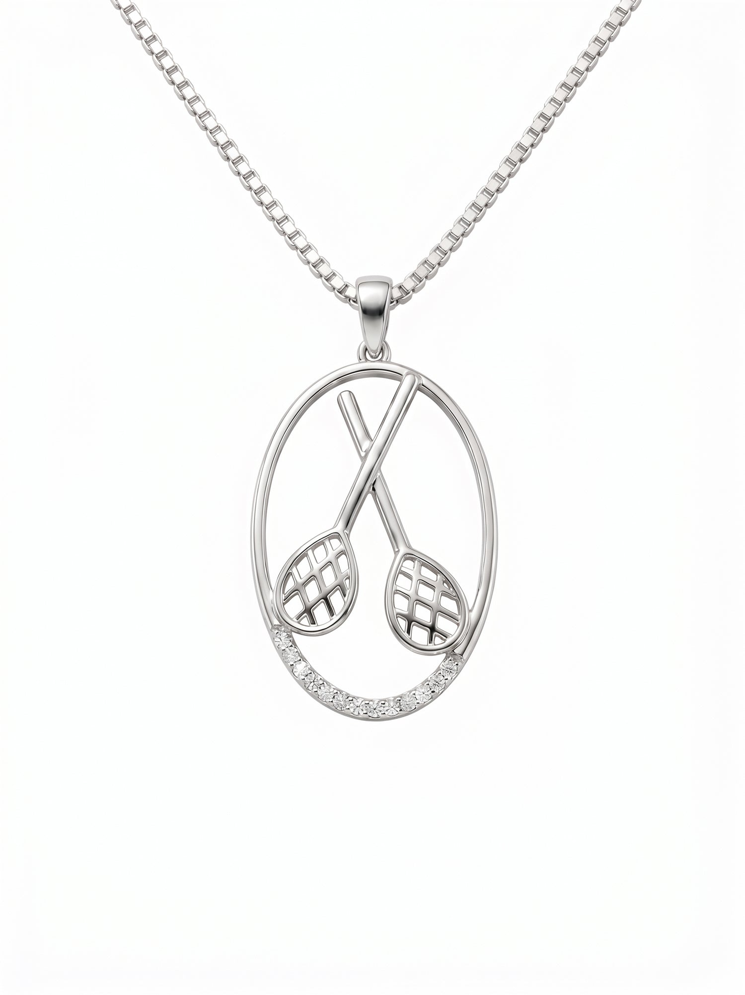 Crossed Tennis Rackets Oval Pendant Necklace