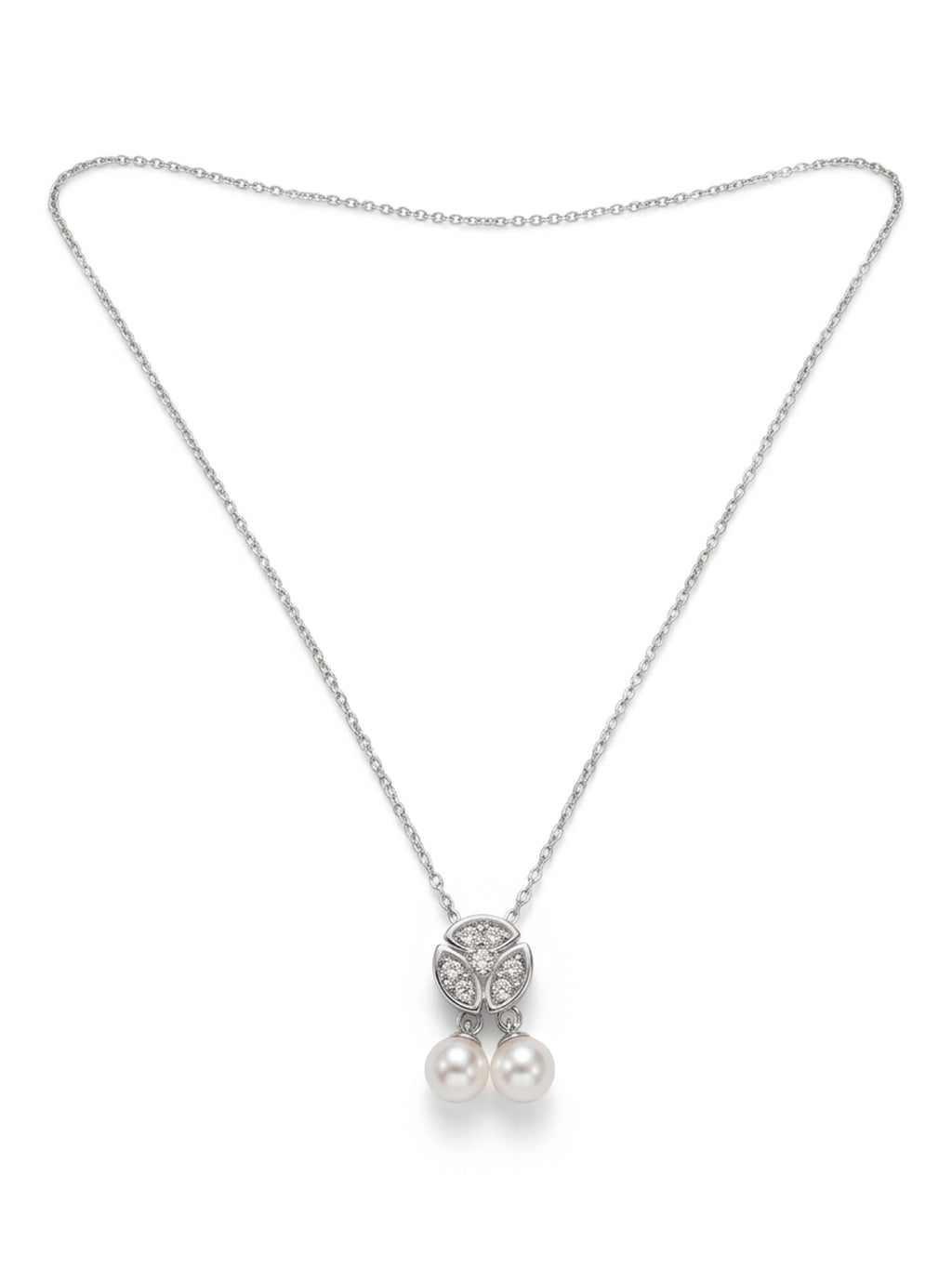 Pavé CZ Trefoil & Freshwater Pearl Double Drop Necklace
