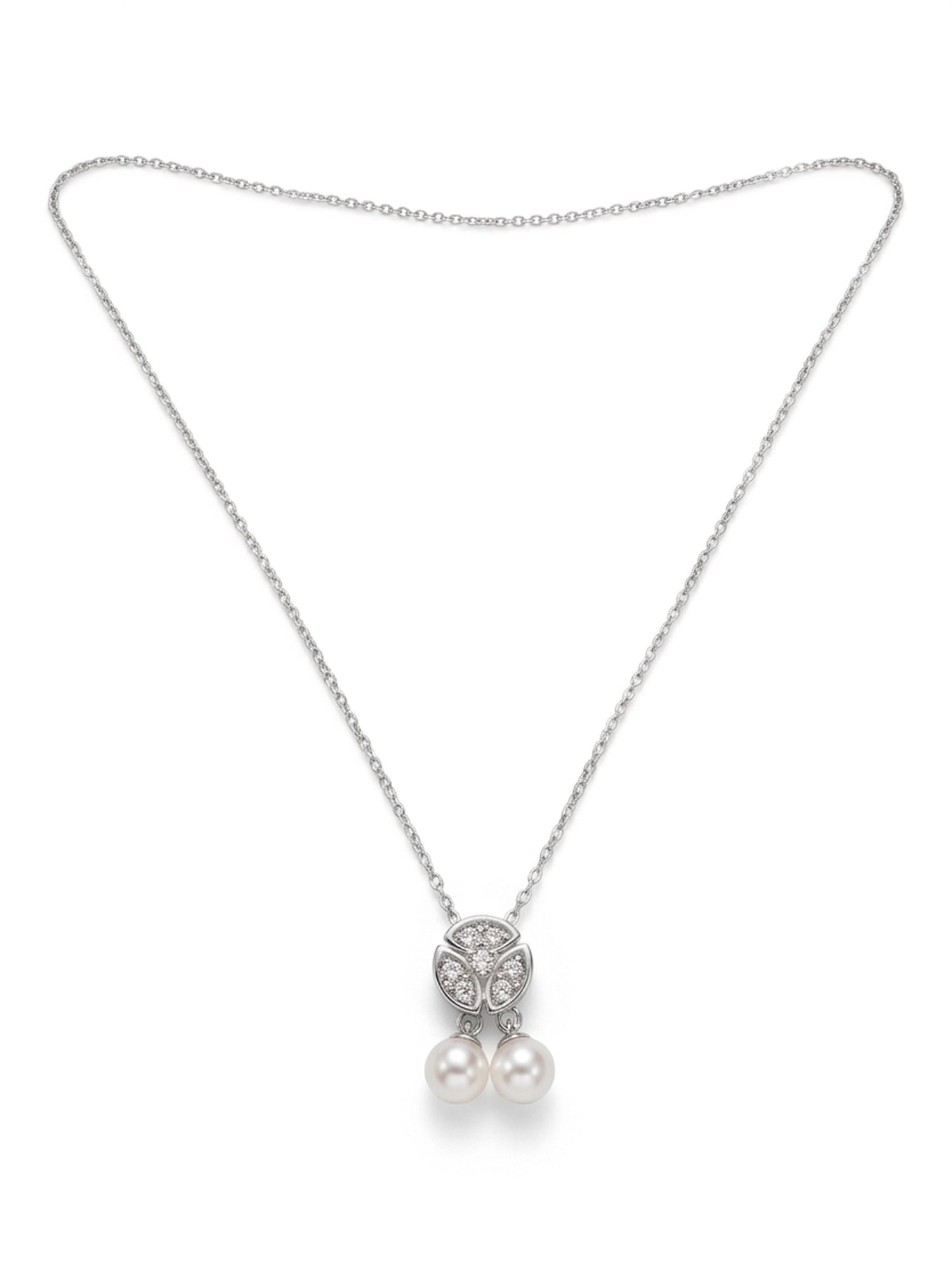 Pavé CZ Trefoil & Freshwater Pearl Double Drop Necklace