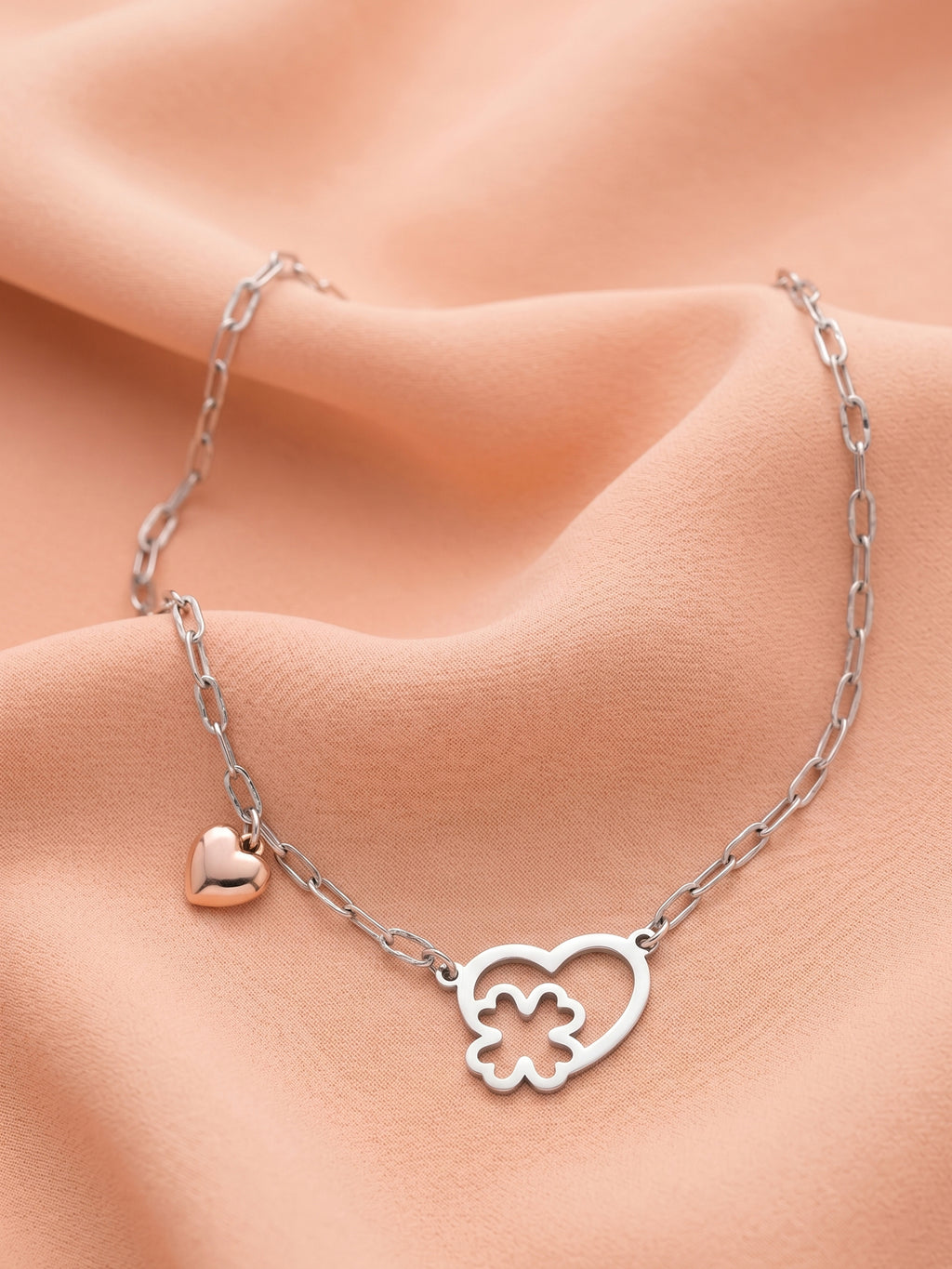 Silver & Rose Gold Heart Clover Paperclip Necklace