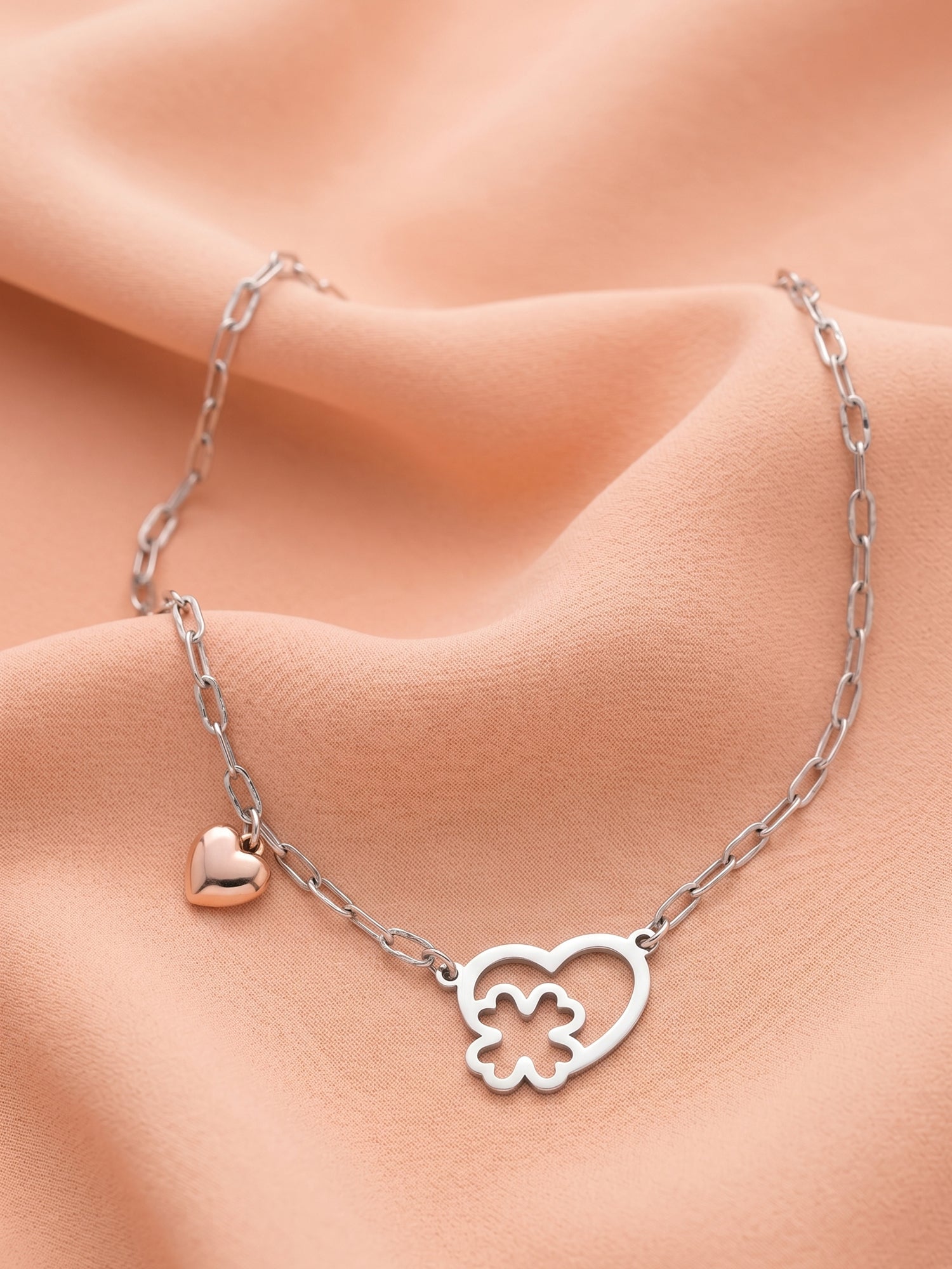 Silver & Rose Gold Heart Clover Paperclip Necklace