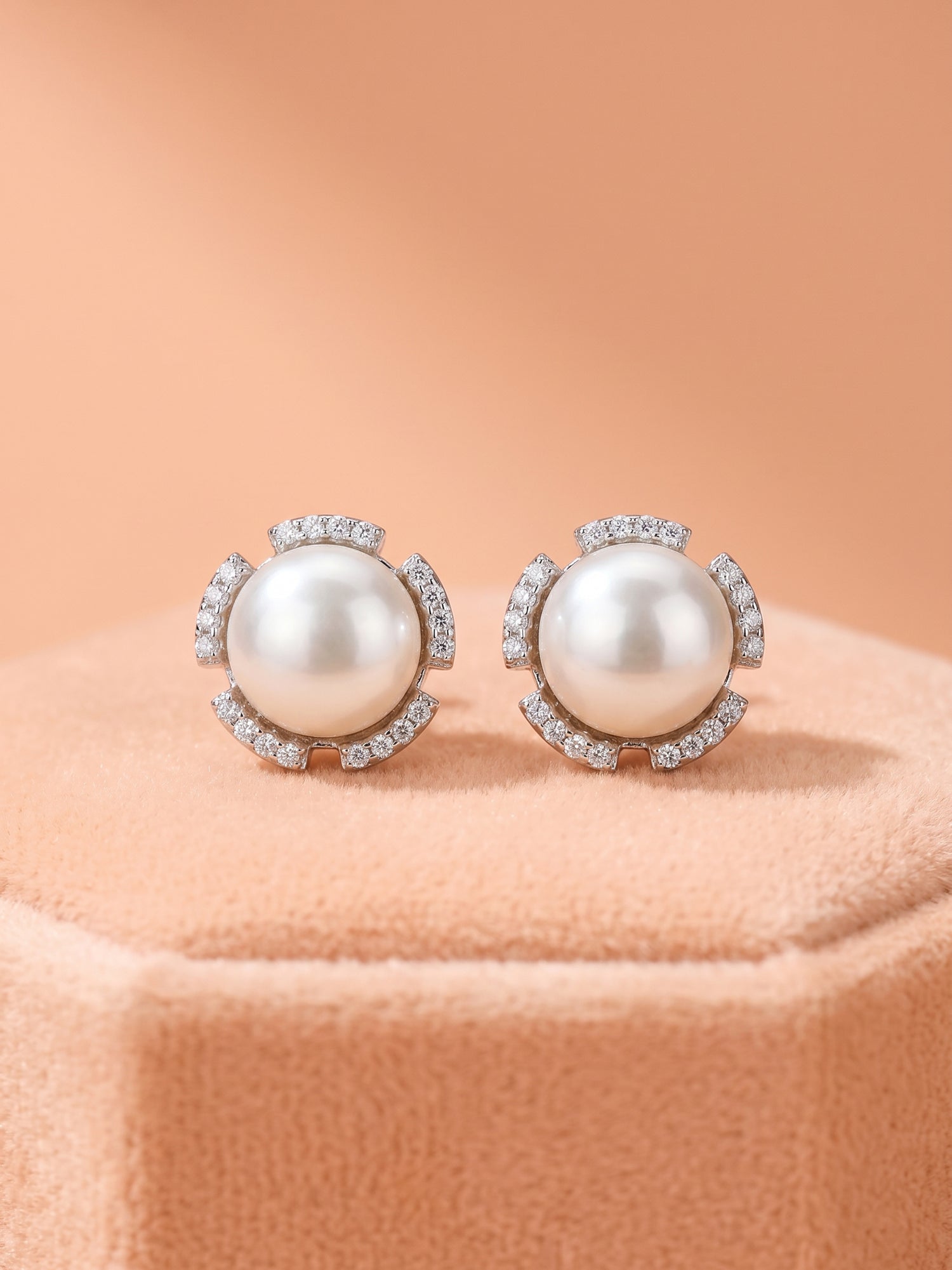 Pearl & Segmented Pavé CZ Halo Stud Earrings
