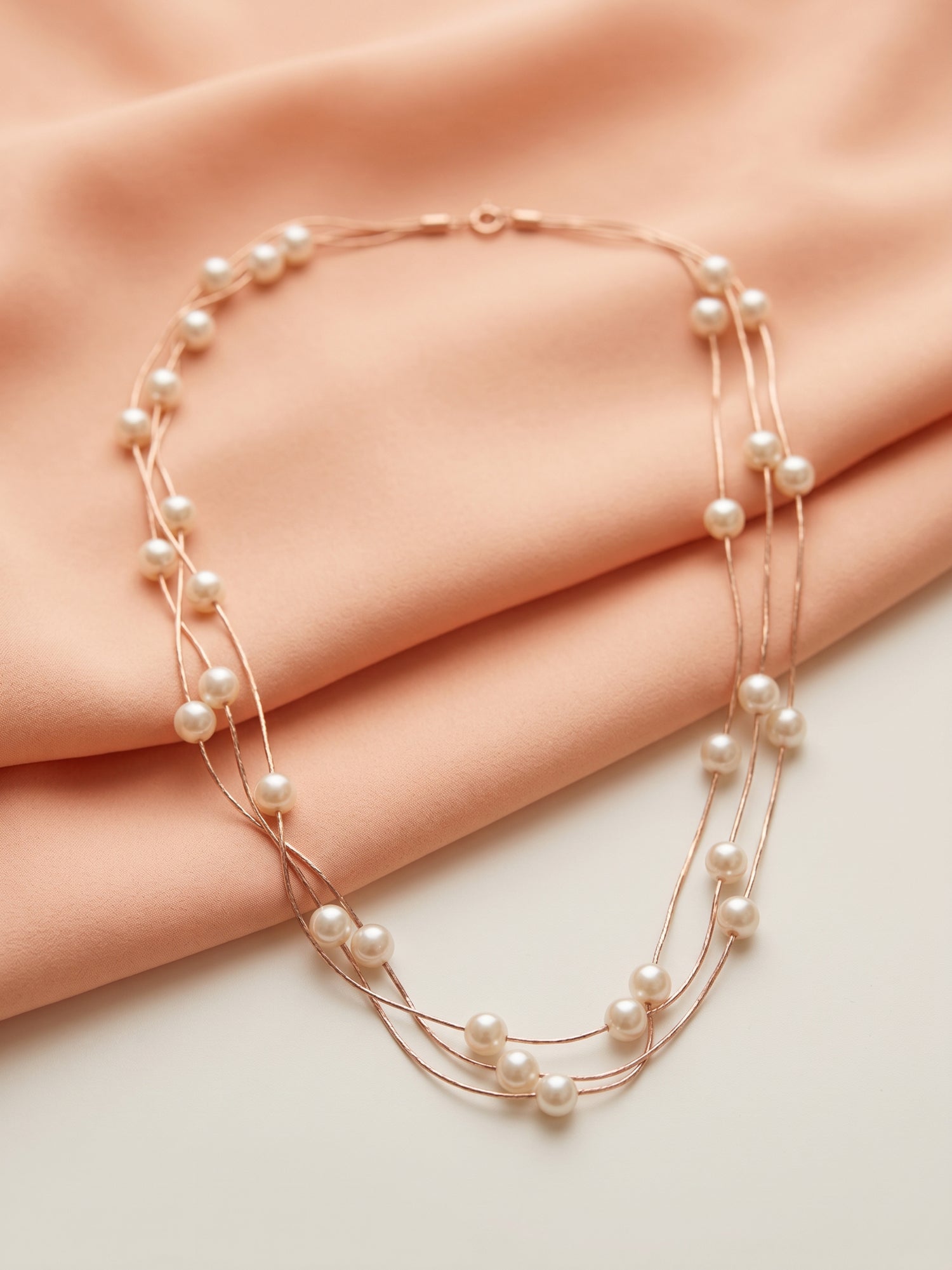 Triple Strand Floating Pearl Station Necklace in Rose Gold