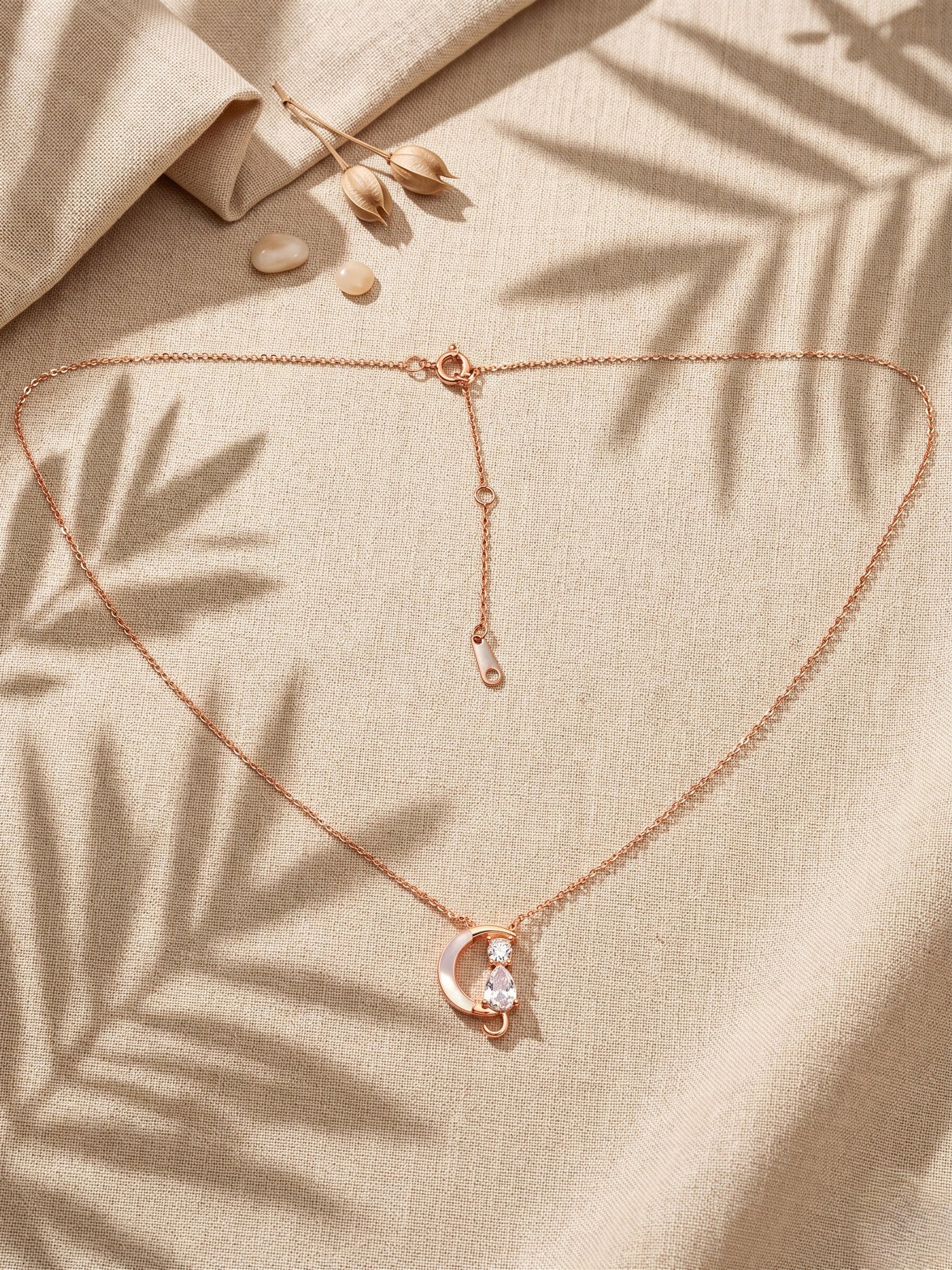 Roseate Celestial Cat & Crescent Moon Pendant Necklace