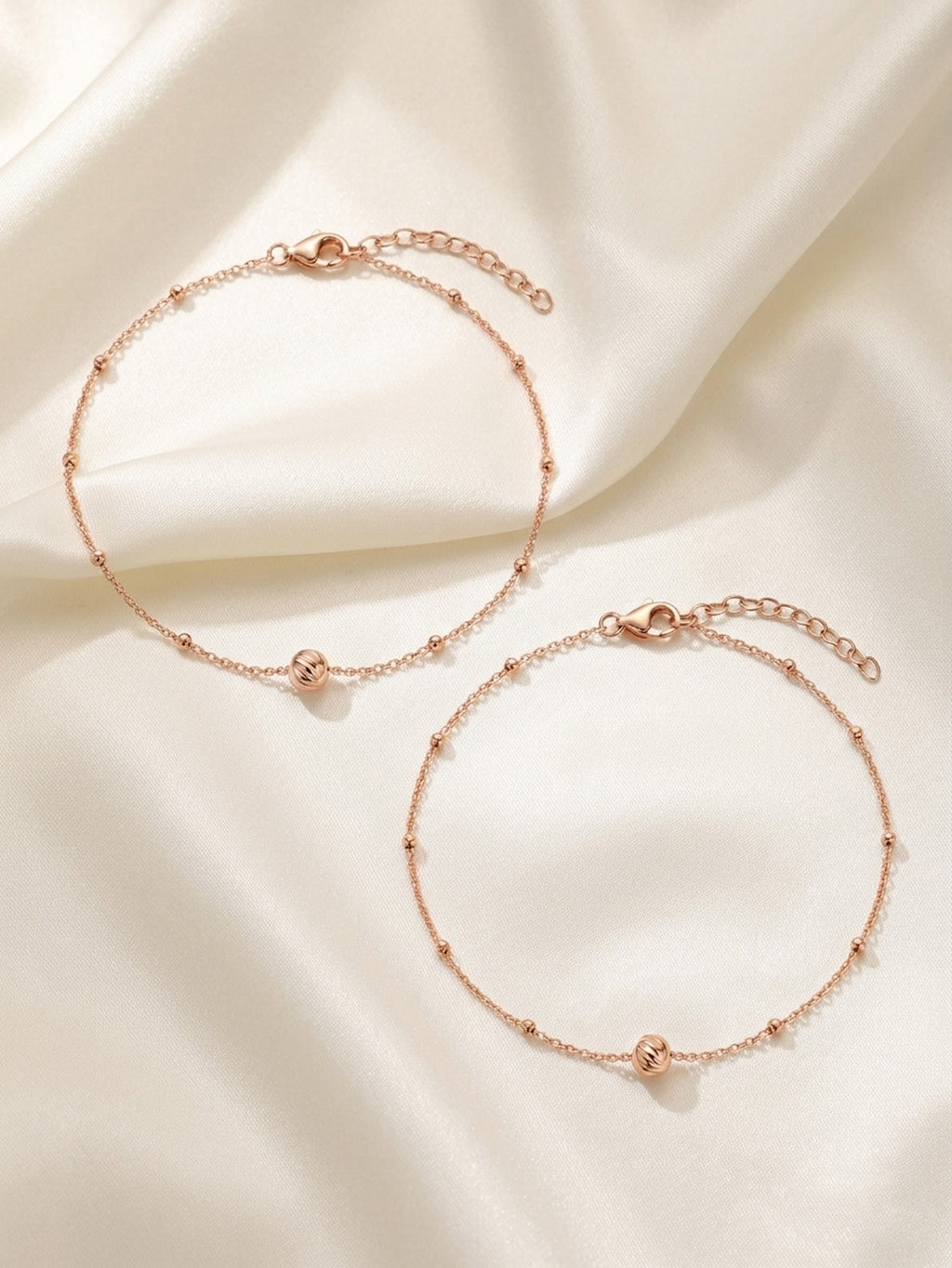 Roseate Diamond-Cut Orb Bead Anklet Pair