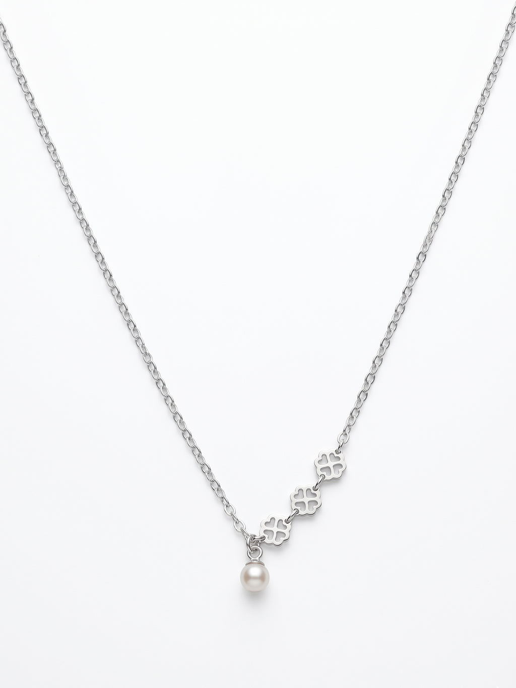 Silver Clover Trio & Pearl Drop Necklace