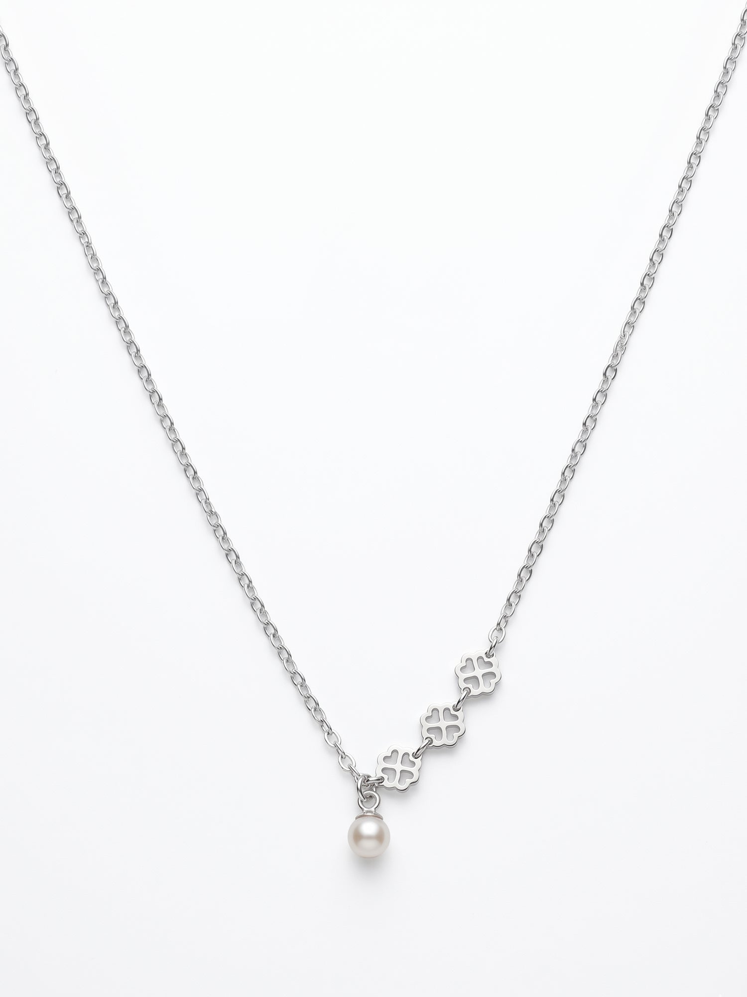 Silver Clover Trio & Pearl Drop Necklace